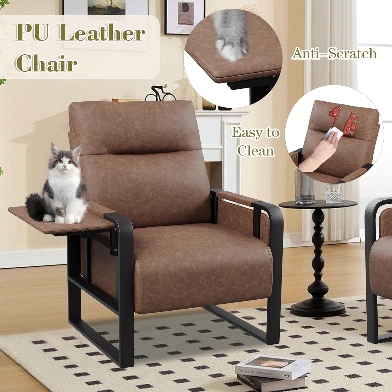 Accent Chair with Foldable Side Table PU Leather Upholstered Armchair for Bedroom Modern Living Room Chairs Office Chair Dark Brown