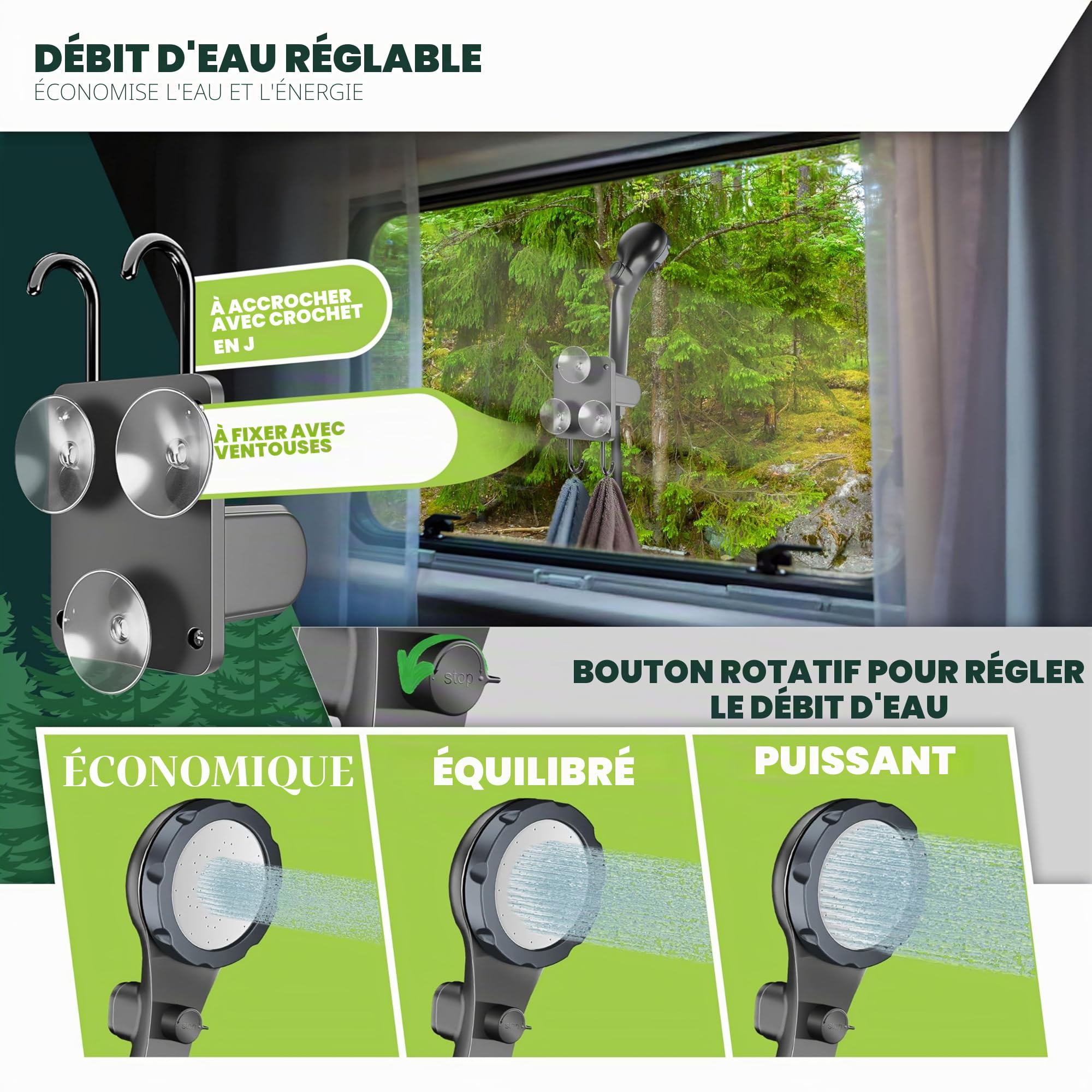 KESSER® Douche solaire de camping avec pompe et batterie rechargeable 4000 mAh - Kit de douche de camping avec pommeau de douche réglable, tuyau de 2 m, pistolet pulvérisateur et support