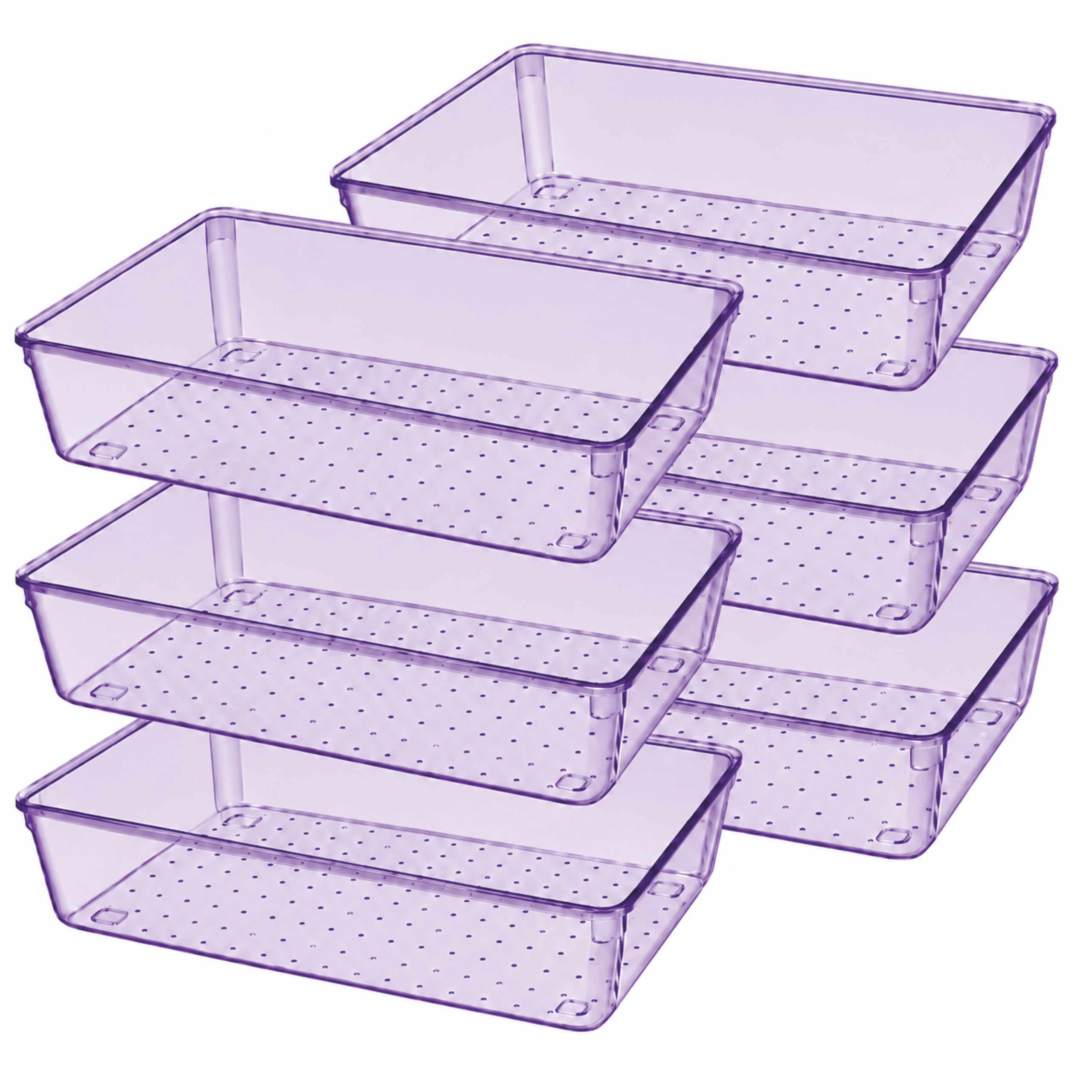 JIALTO 6-Piece Acrylic Drawer Organizer Tray Set – Clear Plastic Storage Bins for Makeup, Cosmetics, Kitchen, Bathroom, Office, Dressing Table & Multipurpose Drawer Organization (Purple)