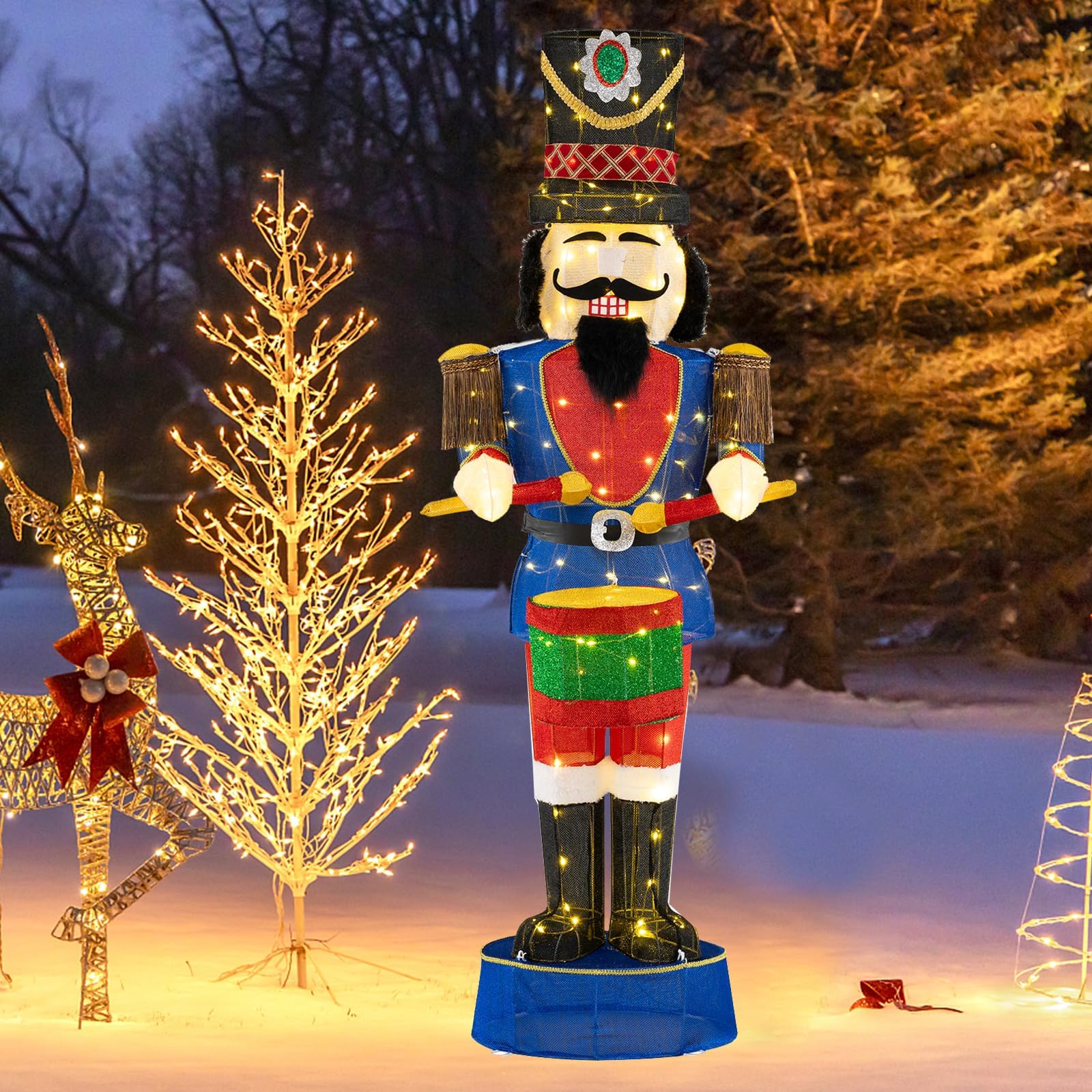 COSTWAY Weihnachten Nussknacker Figur groß, 185 cm beleuchtete Weihnachtsdeko XXL, Weihnachtsfigur mit Trommel & 100 LED-Lichtern, Weihnachtsdekoration, Weihnachtsbeleuchtung für außen und innen