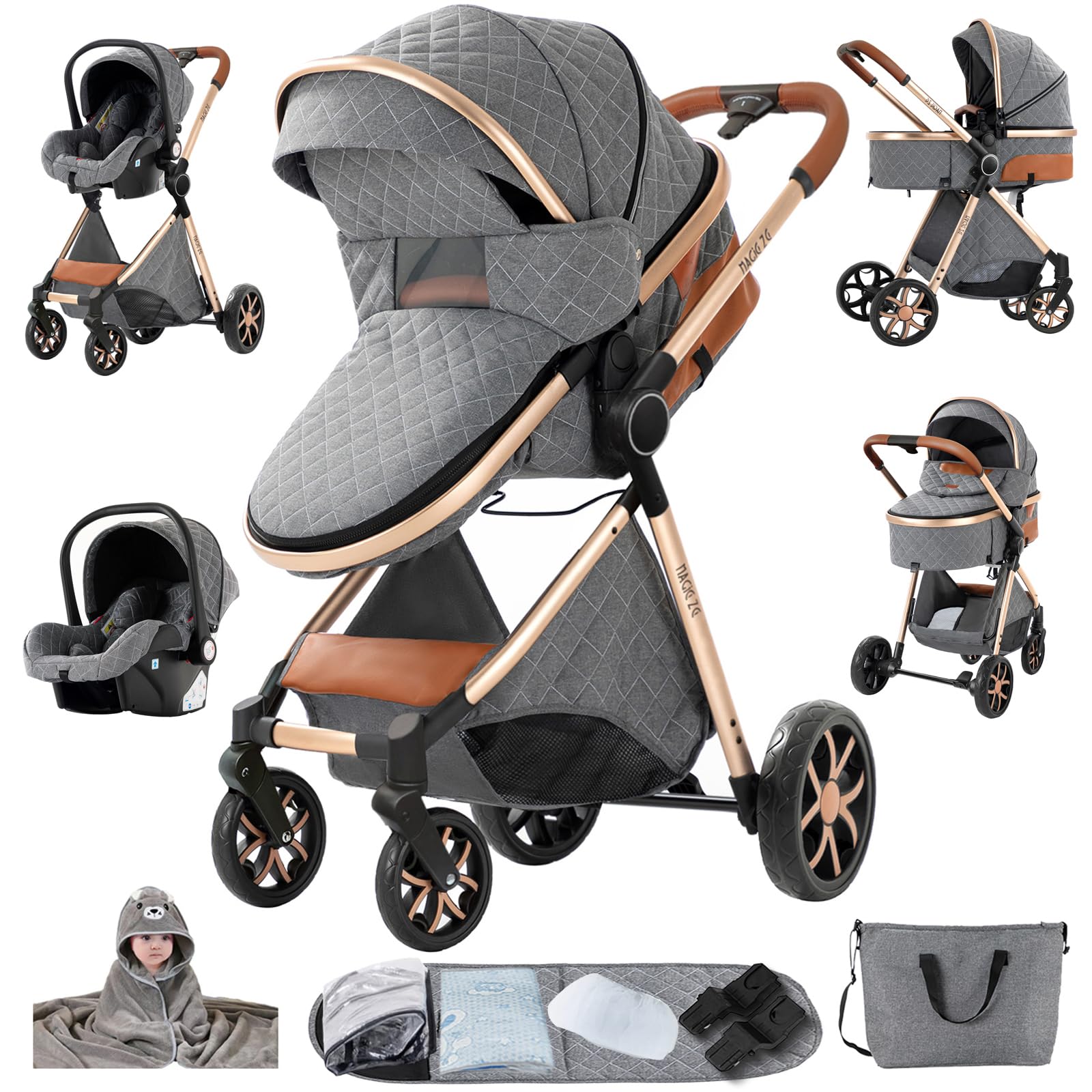 Passeggino 3 in 1 Trio Neonati, Tessuti di Alta Qualità Carrozzina per Neonato, Spinta Bidirezionale Passeggino Reversibile, Visione Aperta Passeggini Trolley (YV9 Grey)