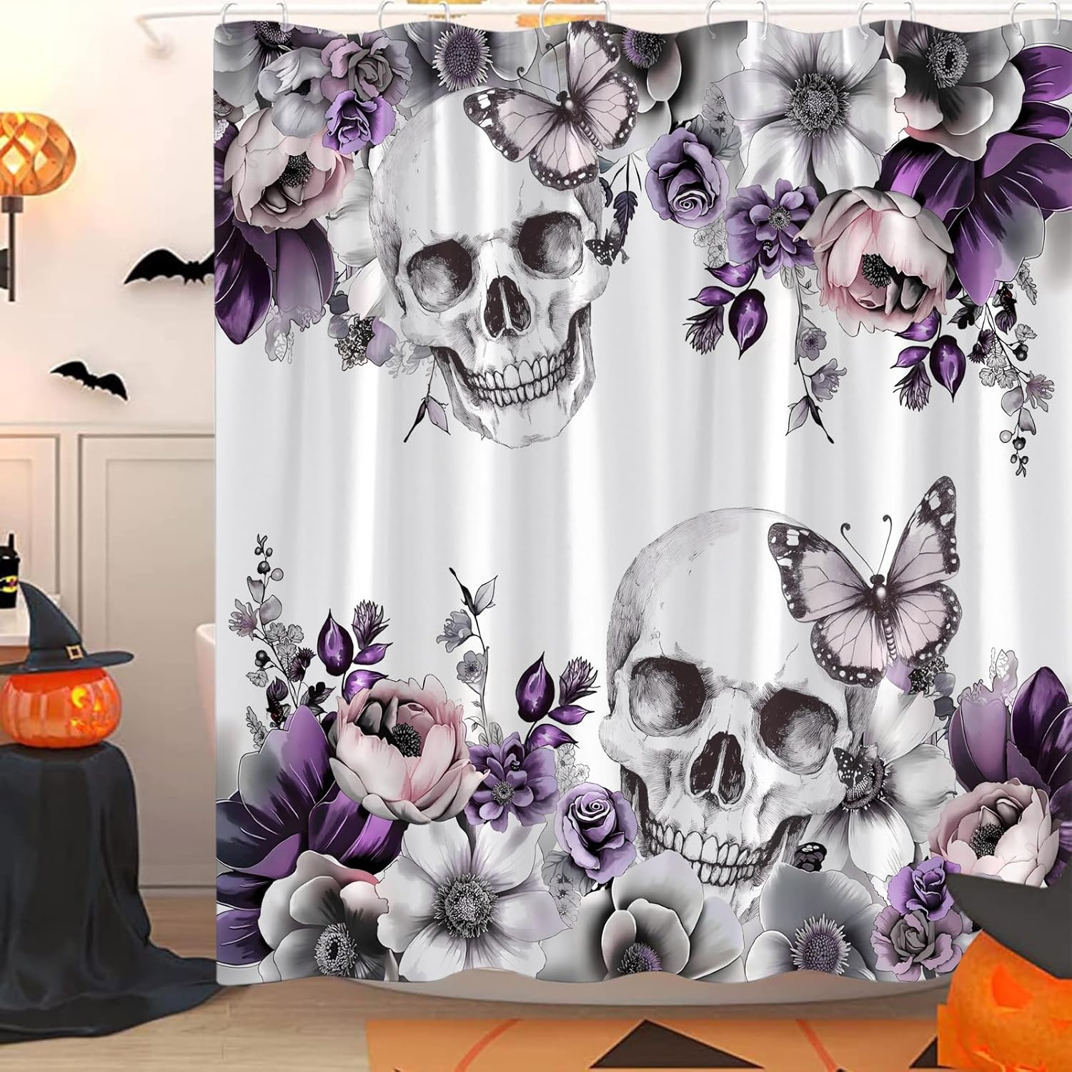 Skull Flower Gothic Shower Curtain Gothic Halloween Purple Floral Butterfly Sugar Skeleton Dark Spooky Scary Retro Goth Retro Bath Curtain with Hook,70x83.8 Inch