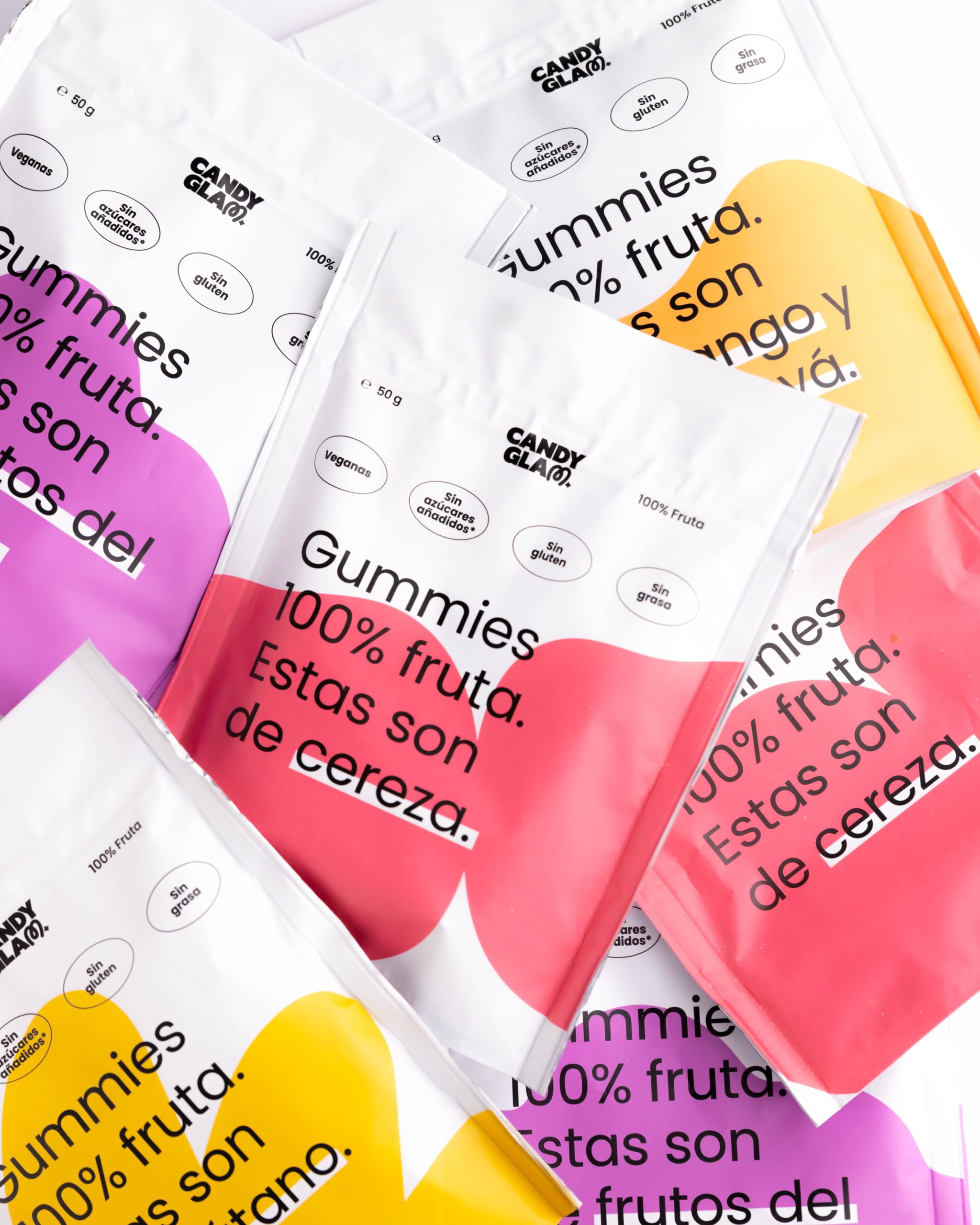 Candy Glam Pack Mixto de Gummies 14 Bolsas 7 Cereza + 7 Fresa Veganas Sin Gluten Sin Azúcares Añadidos Snacks de Fruta Sabores Surtidos