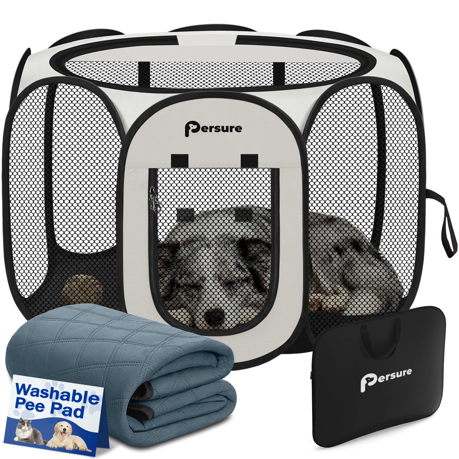 Persure Dog Cat Pet Playpen Puppy Crate Cage for Indoor Outdoor Travel | Nursing Rest Zone Recovering Pet Quarantine Room Portable Pop Up Easy to Set up lightweight Bag (White with Pad, Large