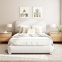 Vista 14 de Base de cama Boucle de tamaño Queen, plataforma tapizada con cabecera ajustable en altura y esquinas redondeadas suaves, sin ruido, fácil montaje