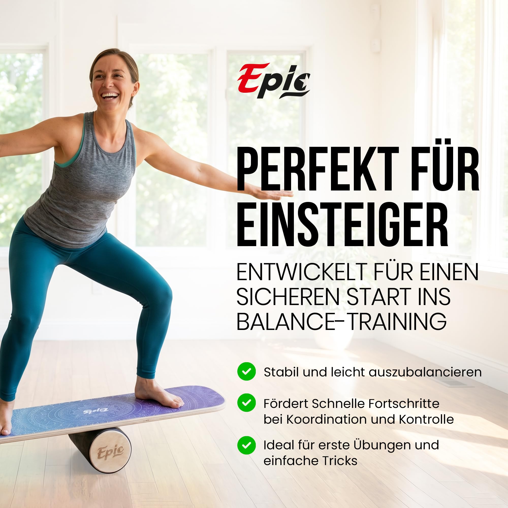 Balance Board mit Rolle – Balance-Trainer aus Holz für Fitness, Tennis, Leichtathletik sowie Surf- & Snowboard-Training; ideal für alle ab 9 Jahren, belastbar bis 150 kg.