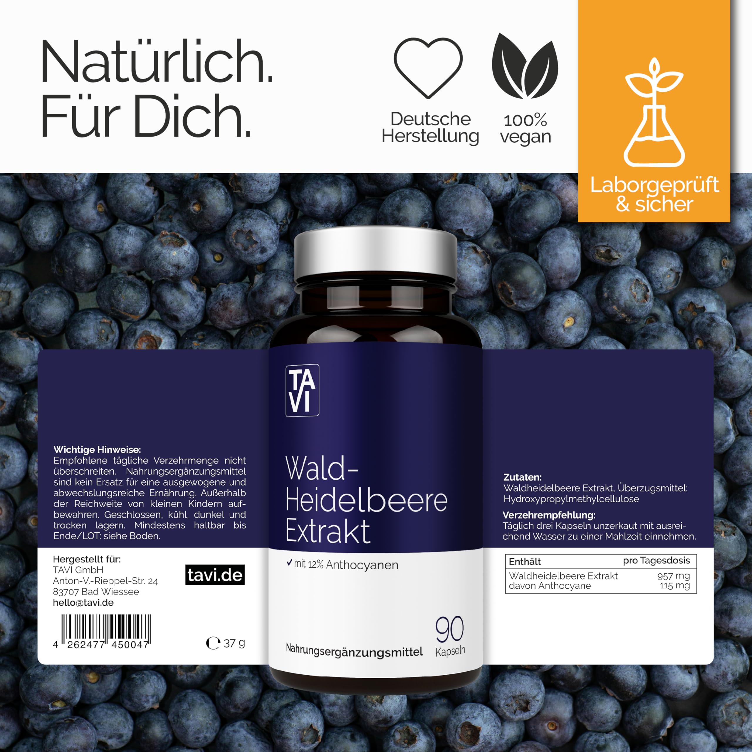 TAVI® Wald-Heidelbeeren Extrakt 15:1 • 90 Kapseln ohne Zusatzstoffe | Mit Flavonoiden (Anthocyane) • Wildheidelbeere • Hergestellt und laborgeprüft in Deutschland