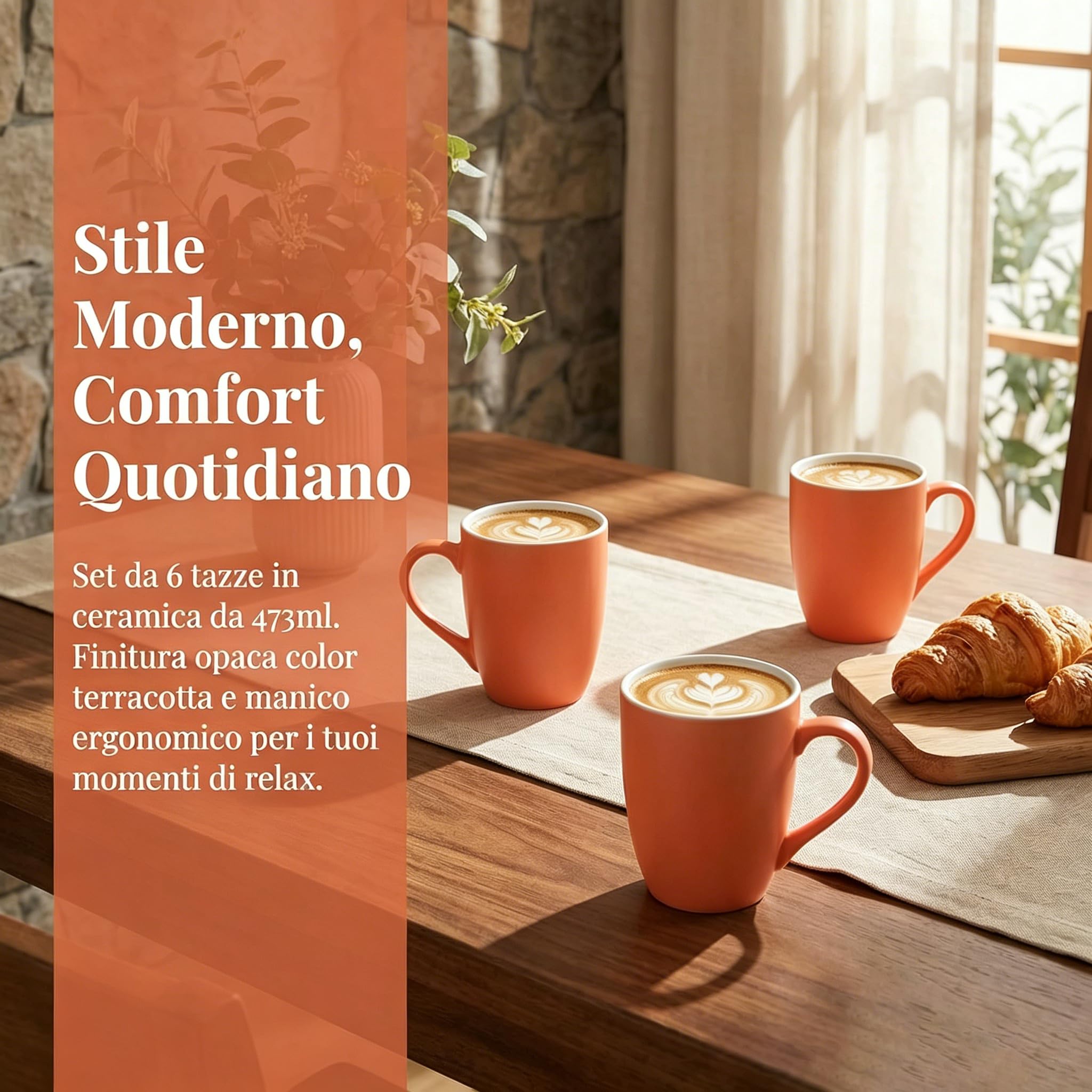Kaffeebecher-Set, 340 ml, Keramik, Kaffeetassen mit Griff, für Männer und Frauen, für Kaffee, Tee, Cappuccino, Kakao, Müsli (Orange)