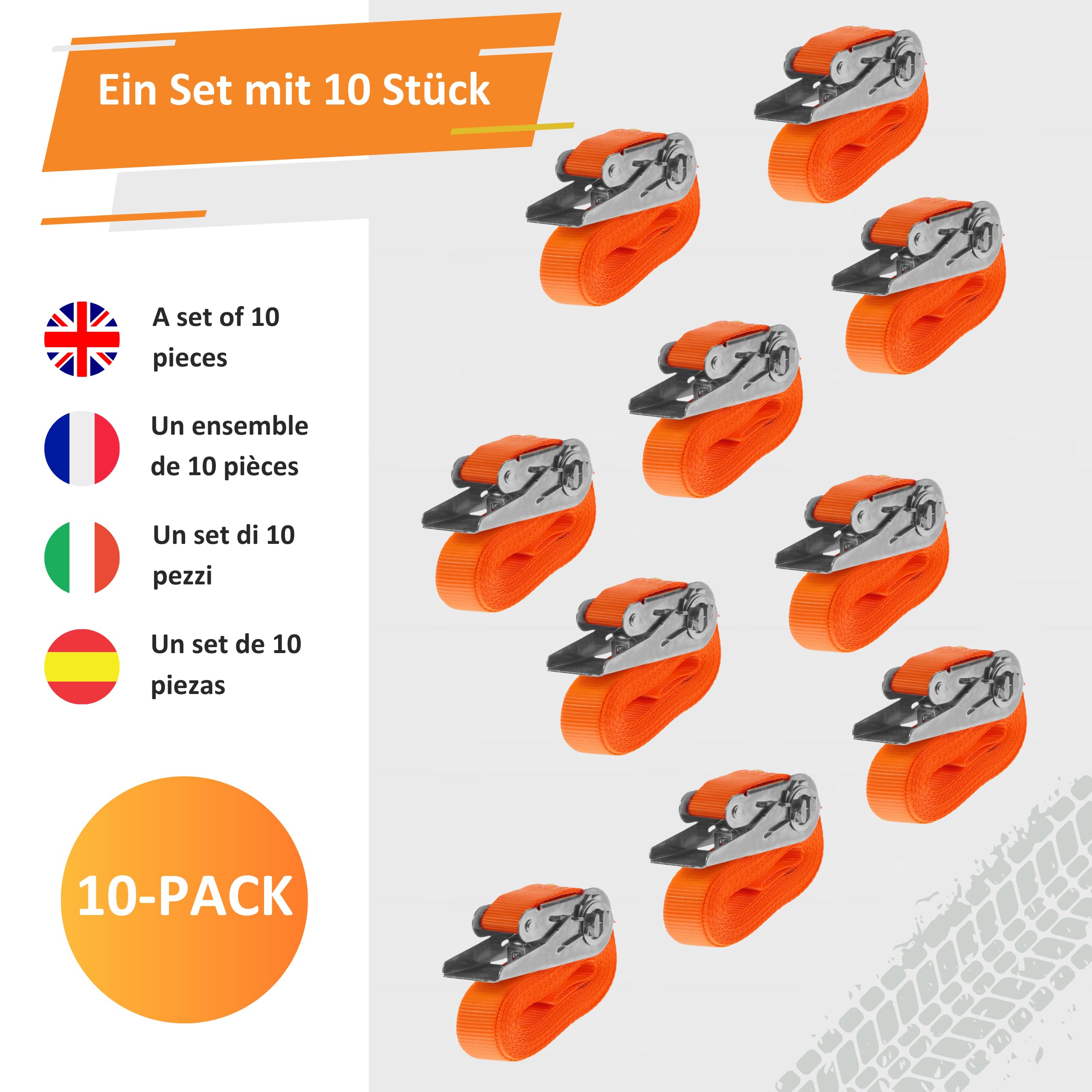INTAKO Cinchas de Amarre 4m / 6m 800kg 25mm - 2/10 Piezas - Correa con Trinquete - Eslingas con Carraca - Naranja/Verde (Naranja, 4m (10 Piezas))