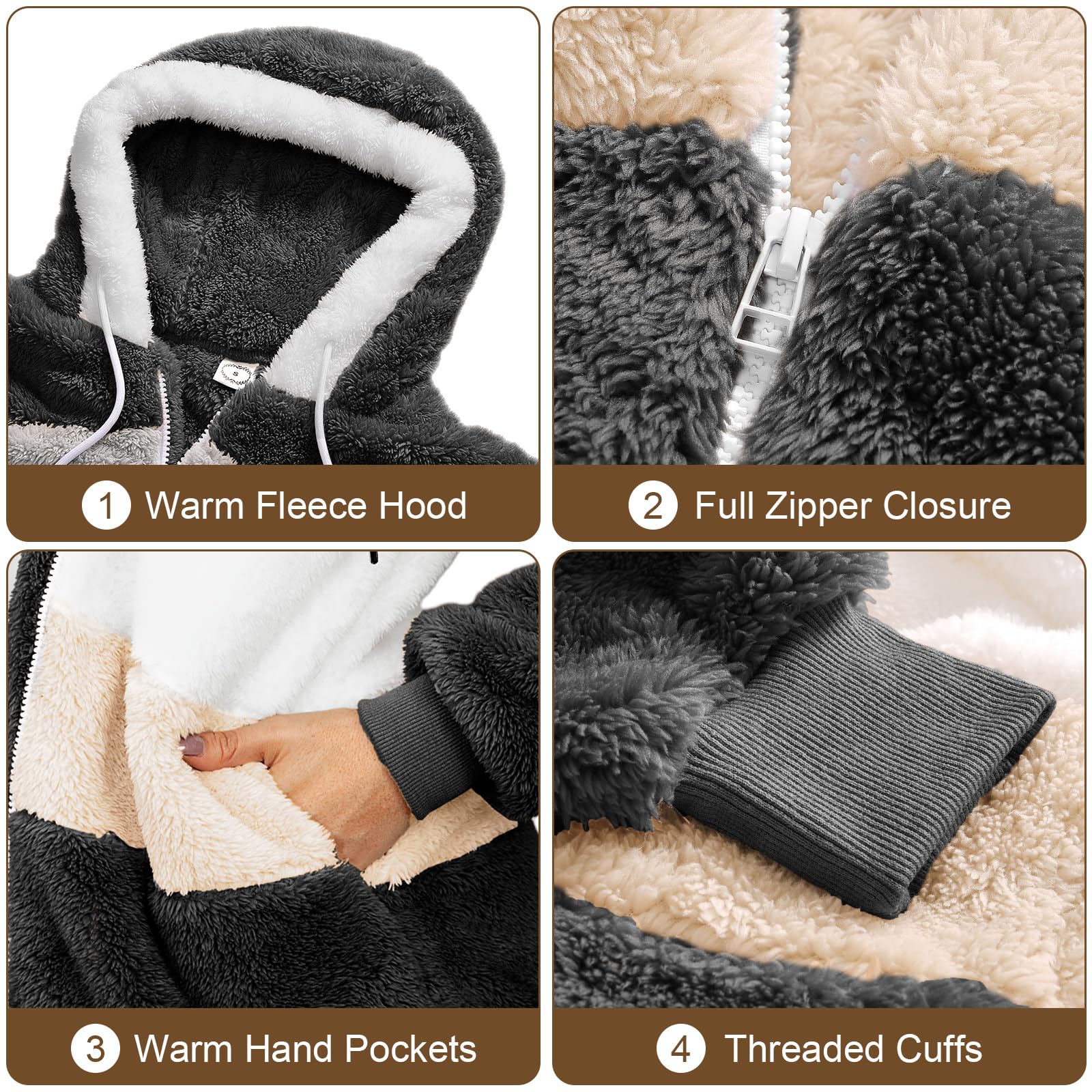 Yuson Girl Felpe con Cappuccio Donna Felpa in Pile Patchwork Manica Lunga Felpe Donna con Zip Autunno Invernale Felpa Pelosa Casual Giacca Teddy Outwear Caldo Cappotto con 2 Tasche