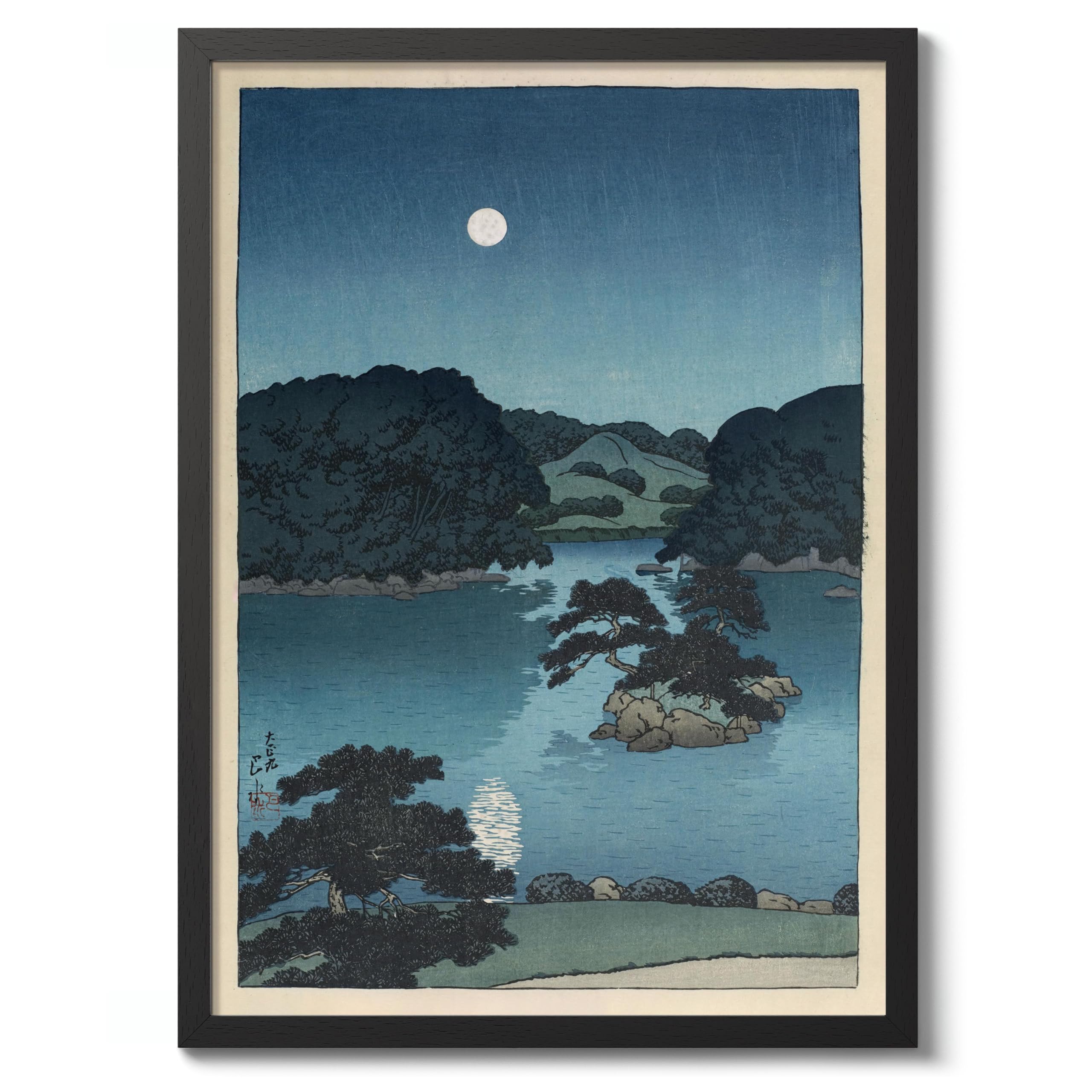 Moonlit Night (Daisensui Pond) Kawase Hasui Poster, Japanese Woodblock Ukiyo-E Print, Vintage Art Picture Painting Wall Art Exhibition, Archival Matte, A1 (Black Frame) - 84.1x59.4cm