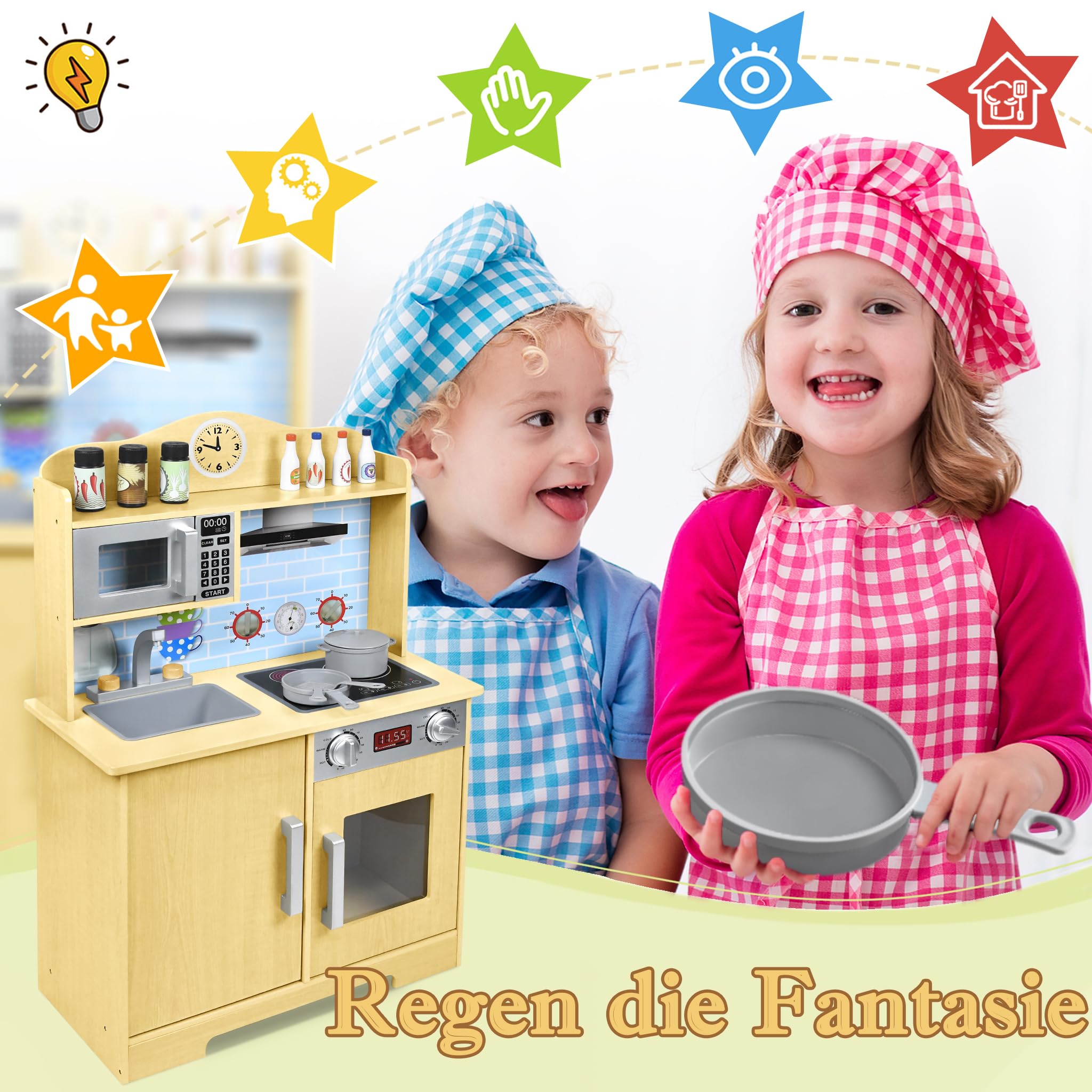 FIVMEN Kuchnia dziecięca, drewniana kuchnia z kuchenką, kuchenką mikrofalową, kranem i zlewozmywakiem i akcesoriami kuchennymi, kuchnia zabawkowa dla dzieci od 3 lat, 56 x 28,5 x 92 cm