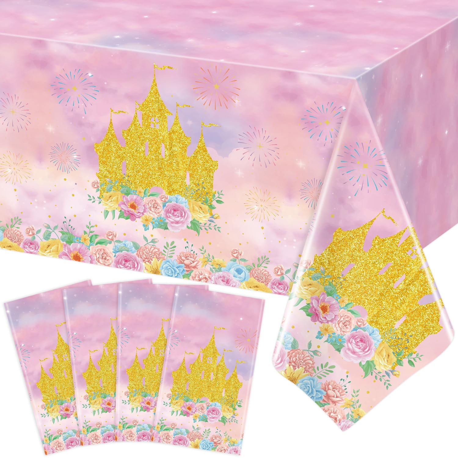 TYXIVO 4 Pcs Princess Tablecloth Princess Castle Table Cover Disposable 51x86inch Rectangle Floral Castle Table Cover for Baby Shower Girls Birthday Party Supplies