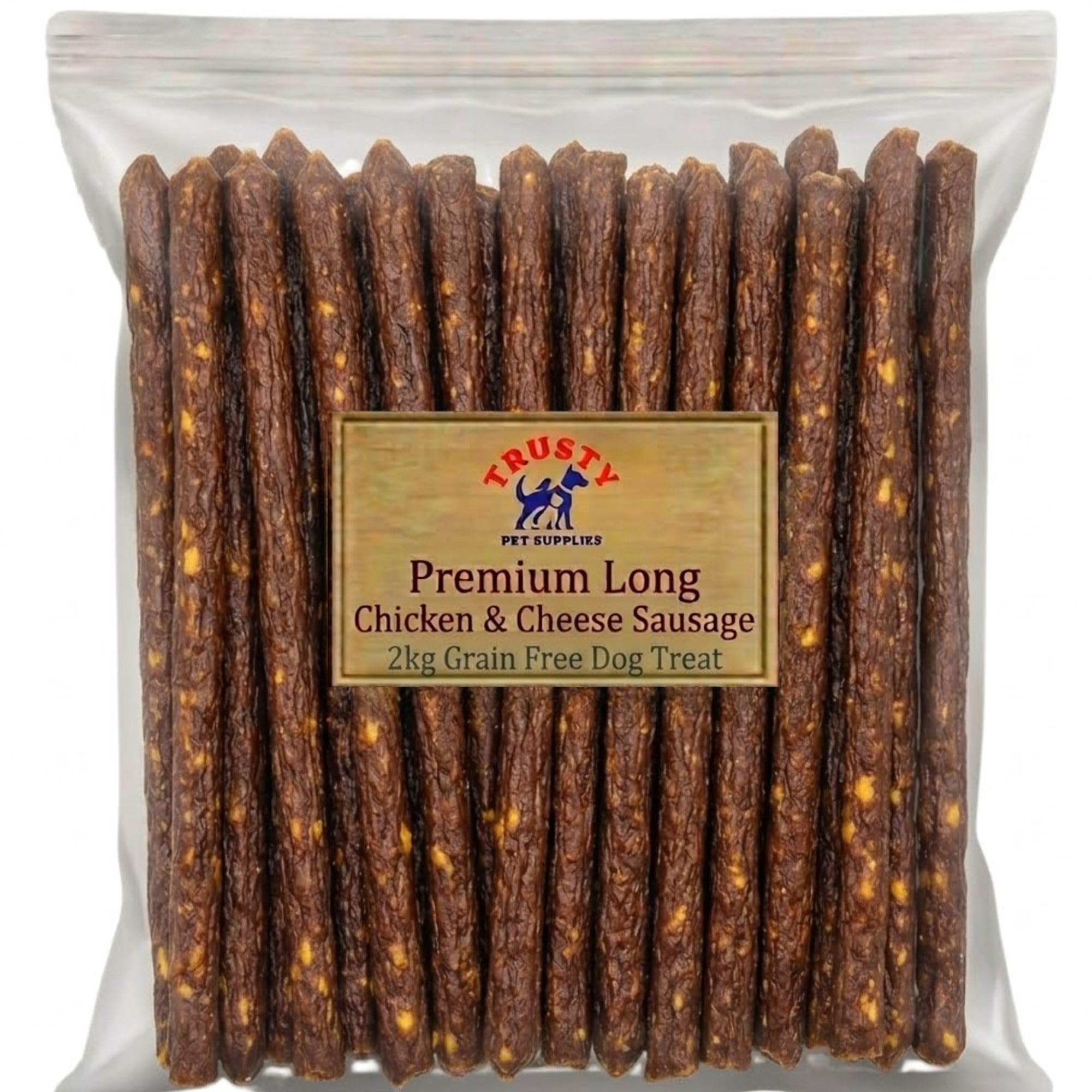 Cheese & Chicken Sausages for Dogs 2kg | Natural Dog Treats | High Protein Dog Sausages | Dog Training Treats for Puppies, Small, Medium & Large Dogs | Trusty Pet Supplies