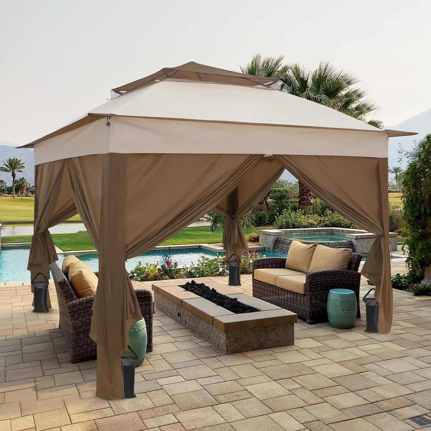 COOS BAY 11x11 Pop Up Gazebo with 4 Sidewalls, Instant Outdoor Canopy Tent with UPF 50+ UV Protection, Water Resistant Shelter with Carry Bag, Stakes & Ropes, Beige