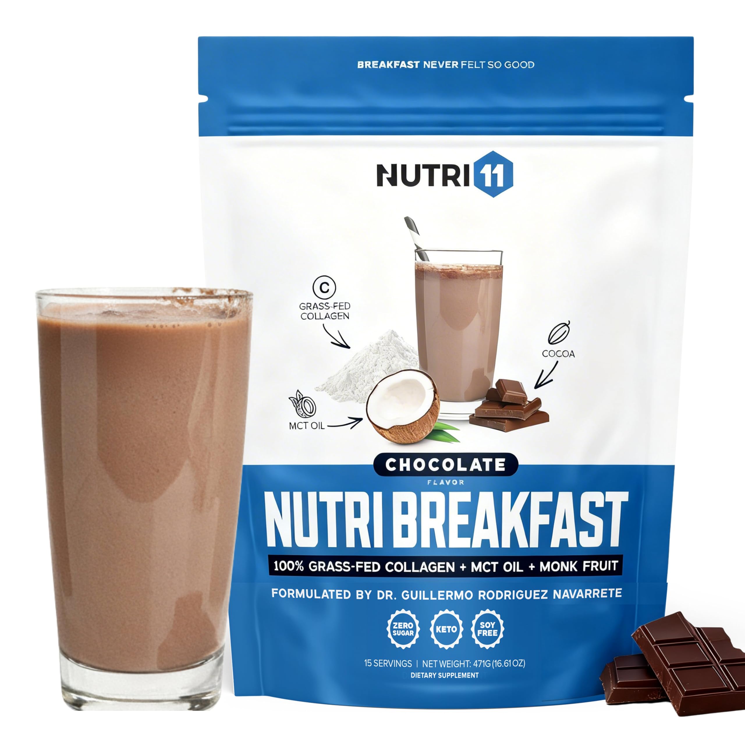 NutriBreakfast by Nutrillermo/Keto Protein Collagen Powder with MCT Oil/MCT Oil Powder/Keto Collagen Peptides with Grass-Fed Bovine Collagen Type I & III (15.9, Chocolate)