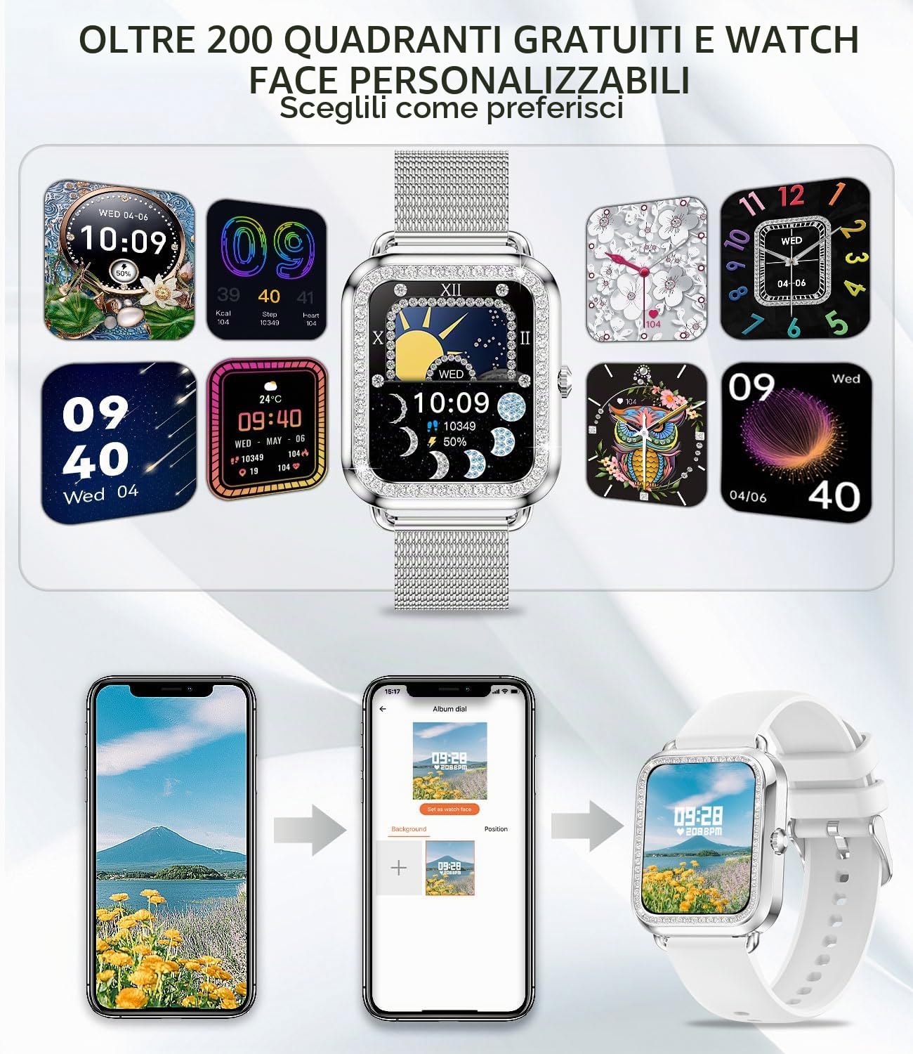 Smartwatch Donna Chiamate e Assistente Vocale, Orologio Smart Watch con Cardiofrequenzimetro Sonno SpO2, Notifiche Messaggi Contapassi Orologio Fitness per Android iOS 2 Cinturini