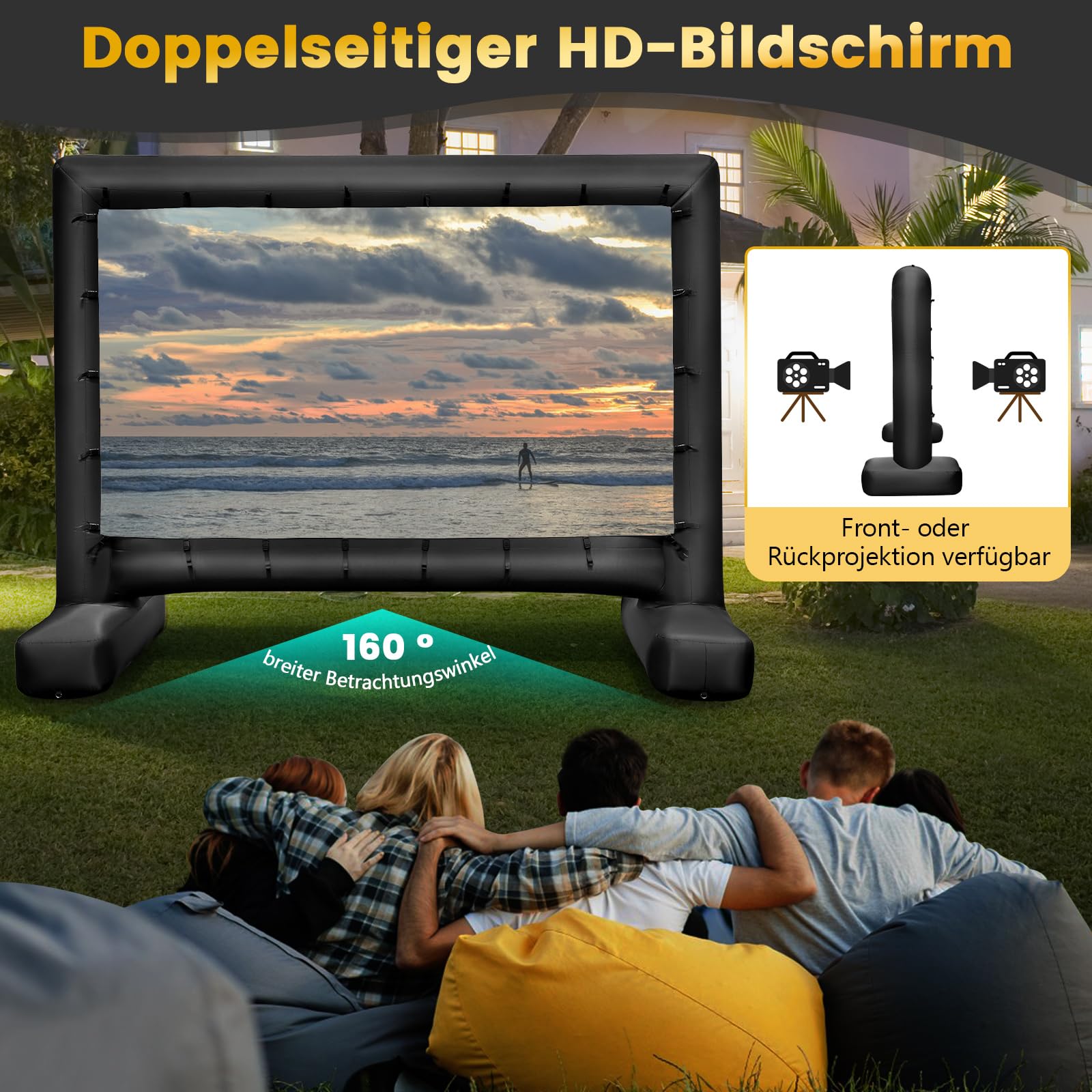COSTWAY Aufblasbare Beamer Leinwand, 143 Zoll, Projektor Leinwand mit Gebläse und Erdspieße, 16:9, HD, 4K, doppelseitige Projektionsleinwand für Familienaktivitäten im Innen- & Außenbereich