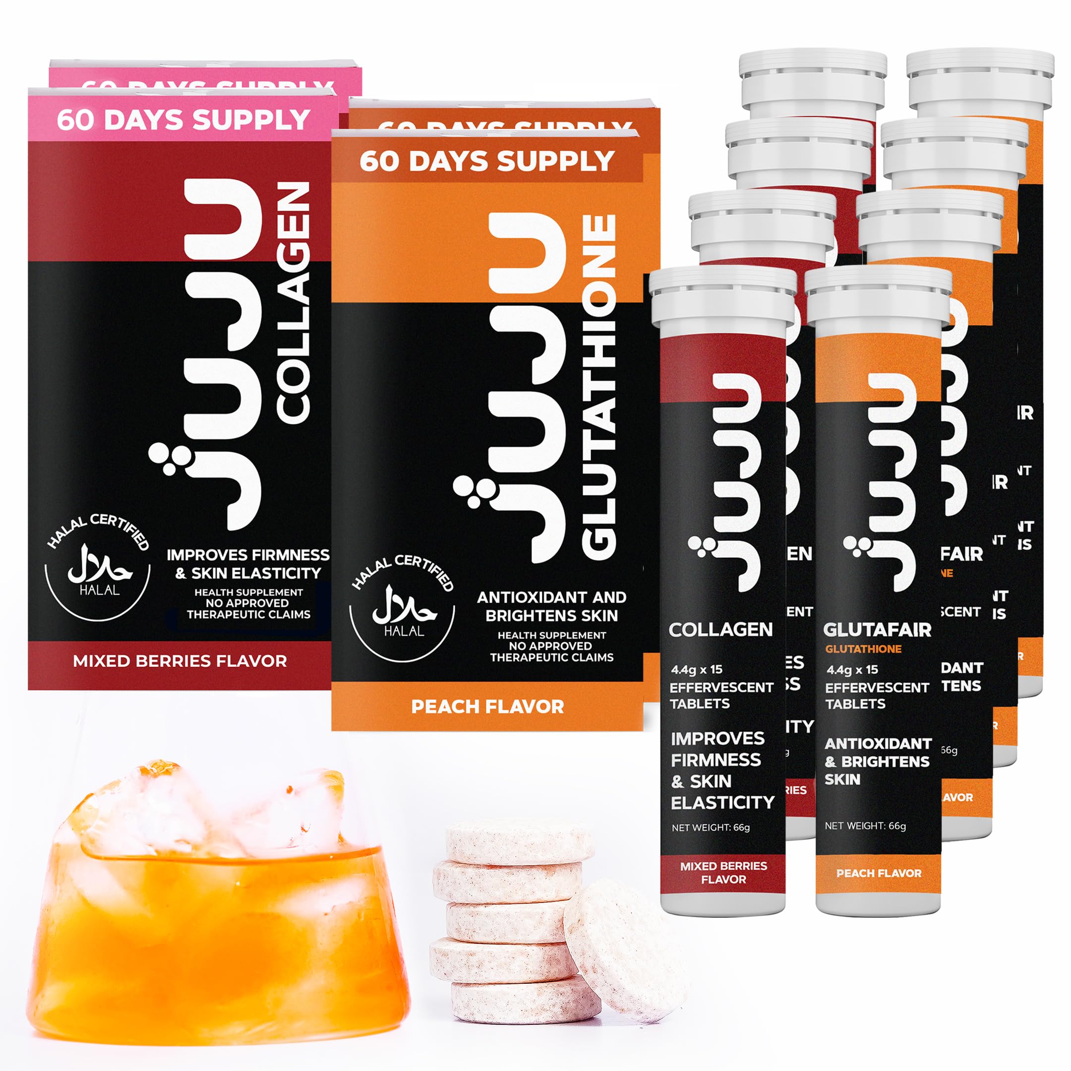 Collagen and Glutafair Bundle | 500mg Effervescent Tablets | Marine Collagen & Glutathione Drink | For Immunity Booster & Detox for Men & Women | 4 Boxes - 120 Tablets