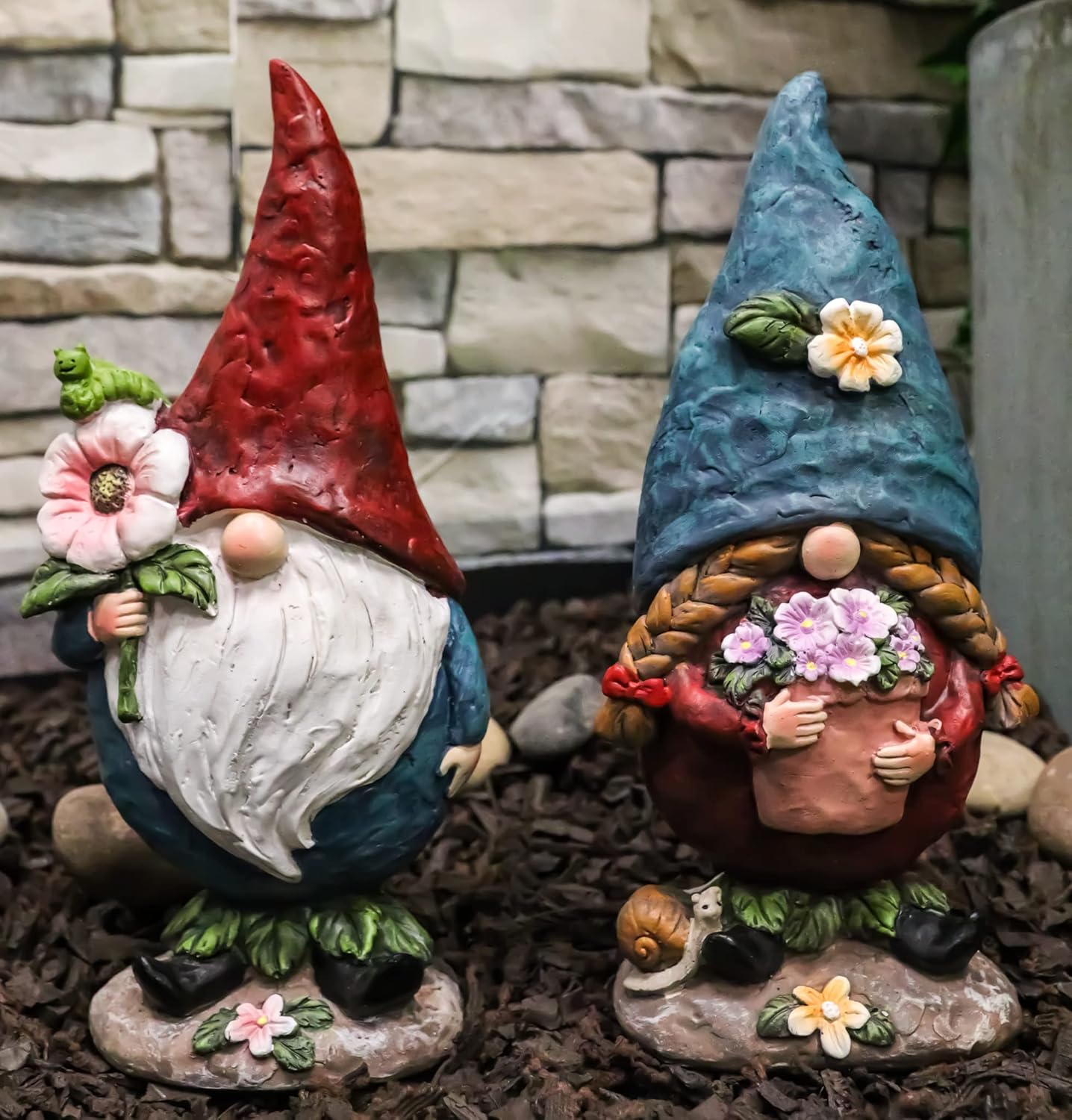 Ebros Gift Pack of 2 Whimsical Festive Holiday Mr and Mrs Gnome Couple with Snail and Caterpillar Holding Flowers Figurines Travelling Gnomes DIY Fairy Garden Home Decor Sculpture