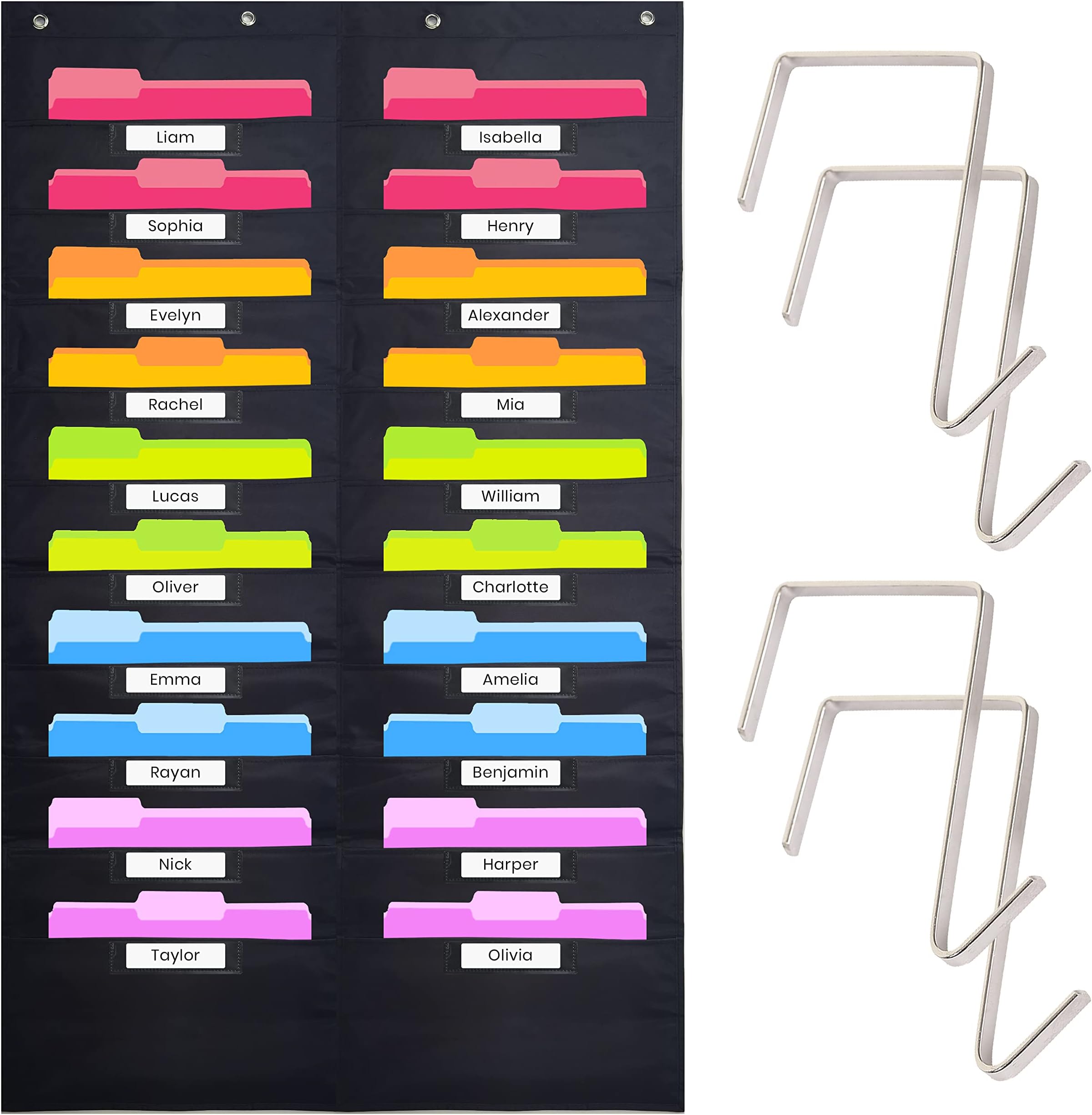Heavy Duty Storage Pocket Chart for Classroom, 20 Pocket Storage Organizer with 4 Over-Door Hangers, Hanging Wall Organizer for File Folders, School Mailbox, Home Office Papers - Black
