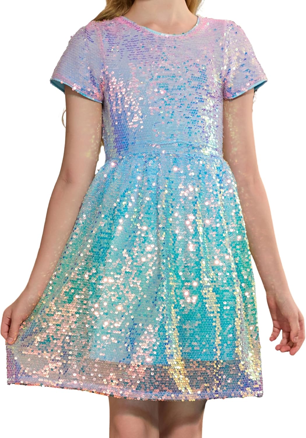 Girls Sequin Dress Short Sleeve Prom Party Formal School Graduations Fancy Dresses Size 4-12