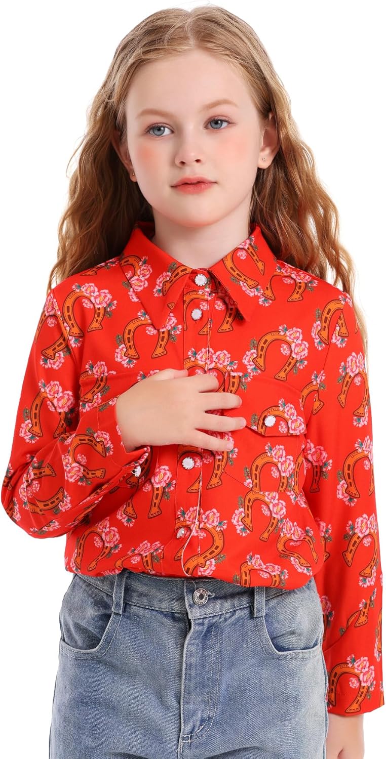 Girls Western Shirt Long Sleeve Collared Retro Button Down Shirts for Teen Cowboy S...