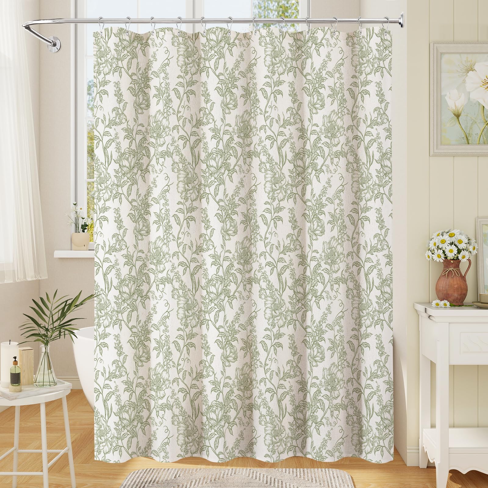 Craidlela Extra Long Farmhouse Floral Shower Curtain, Vintage Botanical Print for Rustic Bathroom Decor, Linen Blend Garden Bathroom Curtain, Boho Sage Shower Curtain 72x84 Inch