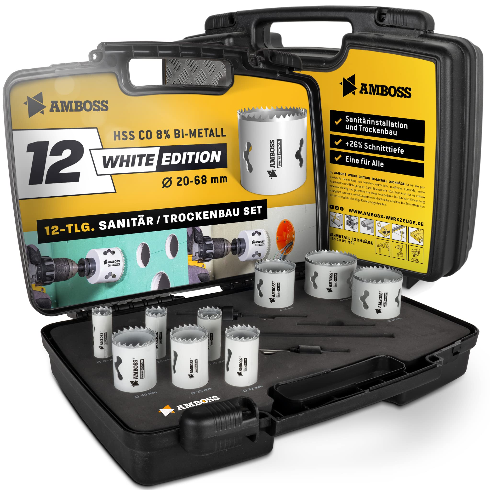 Amboss M 42 - Set di seghe a tazza bimetalliche, diametro 20-68 mm, 12 pezzi, per alluminio, acciaio, cartongesso, legno, ecc. White Edition 12