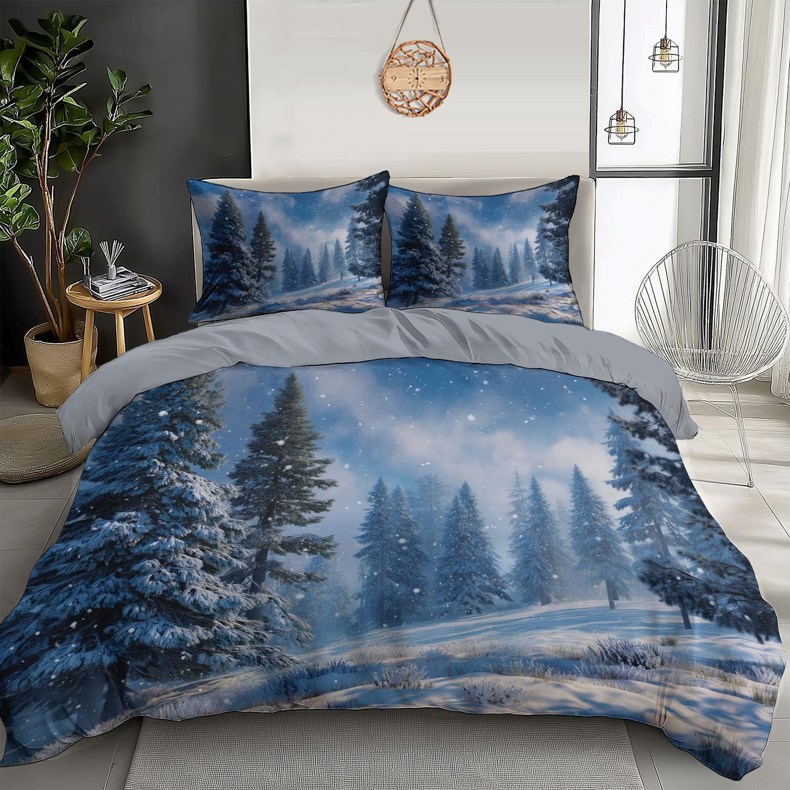 Parure de lit hiver 240x260cm bleue avec housse de couette imprimée scènes de neige
