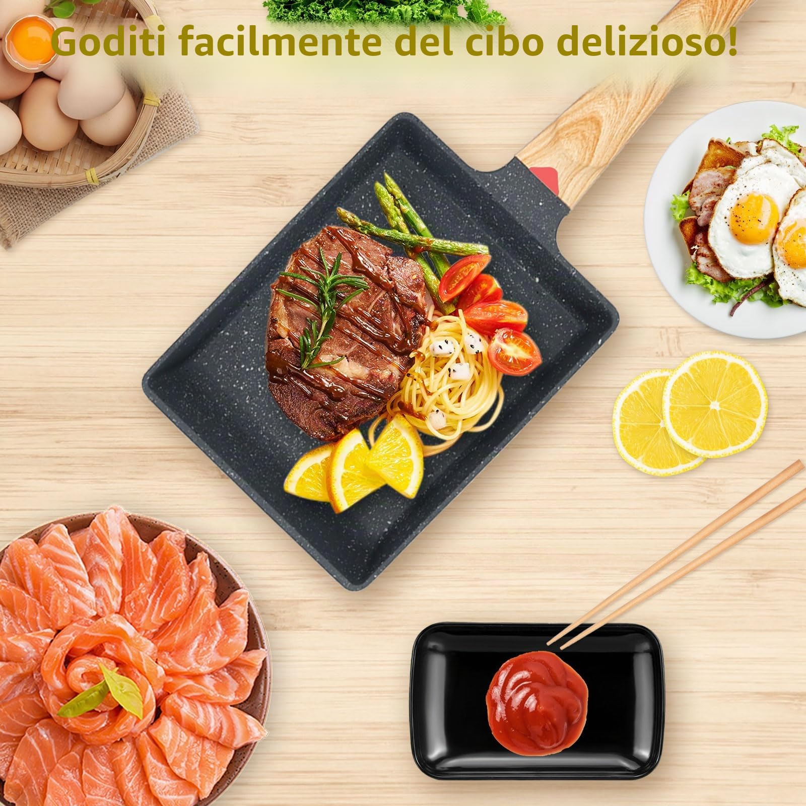 Padella Tamagoyaki, Padella per Omelette Giapponese con Piatto per Frittata, Spatola in Silicone, Pennello e Bacchette, Padella Rettangolare per Frittata per Frittata per Induzione e Gas