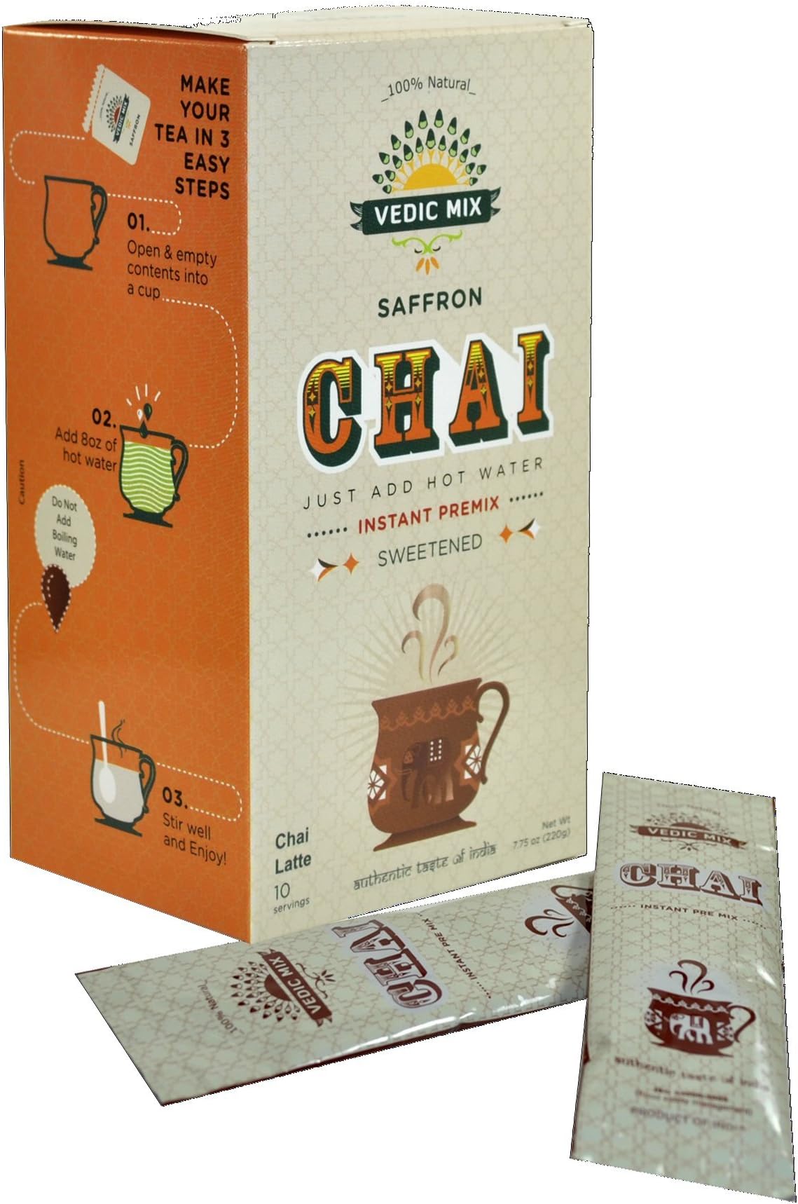 Vedic Mix Sweetened Chai Tea Latte, Saffron (10 Single-serve Packets)