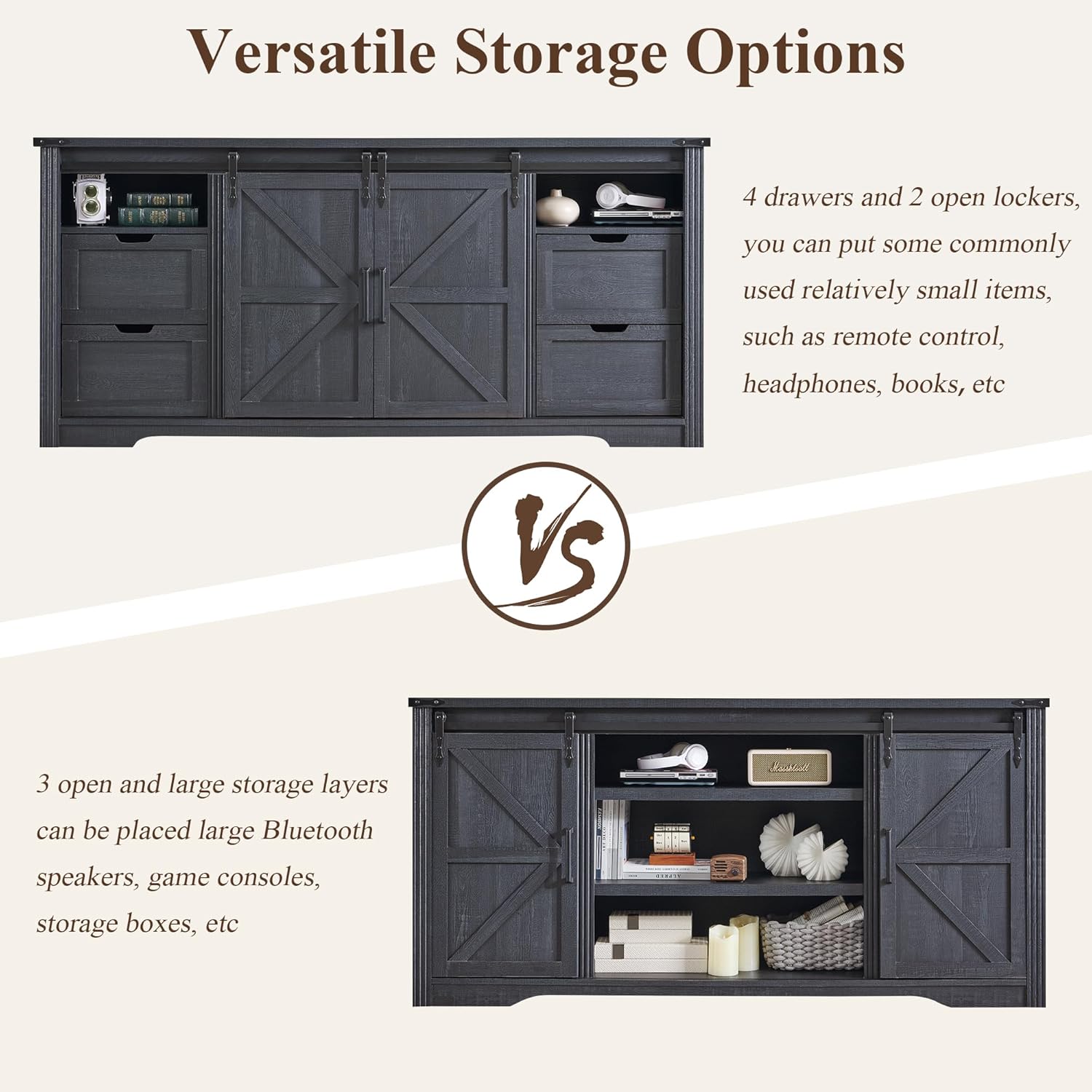 JXQTLINGMU Farmhouse TV Stand for 75+ Inch TV, 32" Tall Entertainment Center w/4 Drawers & Sliding Barn Door, Rustic Media Console w/Storage Shelves, 66" Wood Television Stand for Living Room, Black 66"W x 15.5"D x 32"H (Without Fireplace) Black