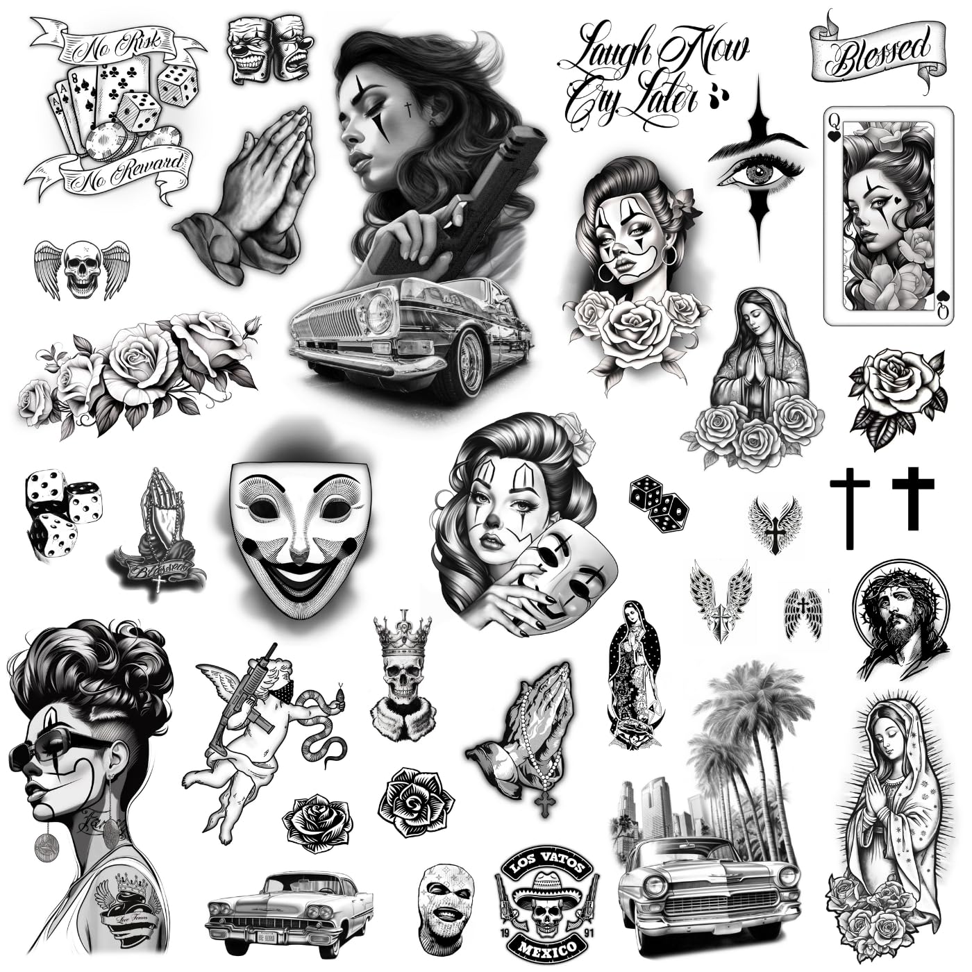 Los Vatos Chicano Vol. II - Cholo Chola Temporary Tattoos For Men Women, Payasa, Lowrider, Virgin Mary, Prayer, Cross, Chicana, Gangster, Fake Tattoo, Día de Muertos, Tatuajes Temporales