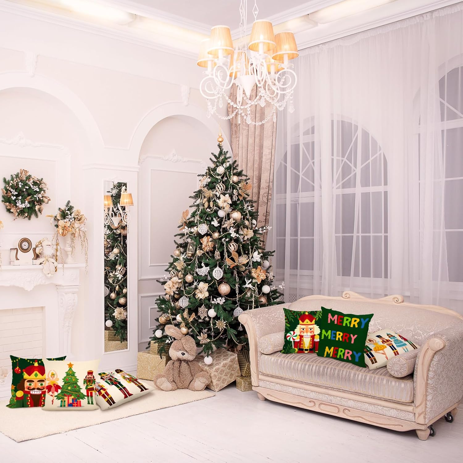 Tatuo 6 Pcs Christmas Santa Claus Nutcracker Throw Pillow Cover Nutcracker Santa Cushion Decoration 18 x 18 Inch Pillowcase Holiday Decoration for Sofa Couch Bed
