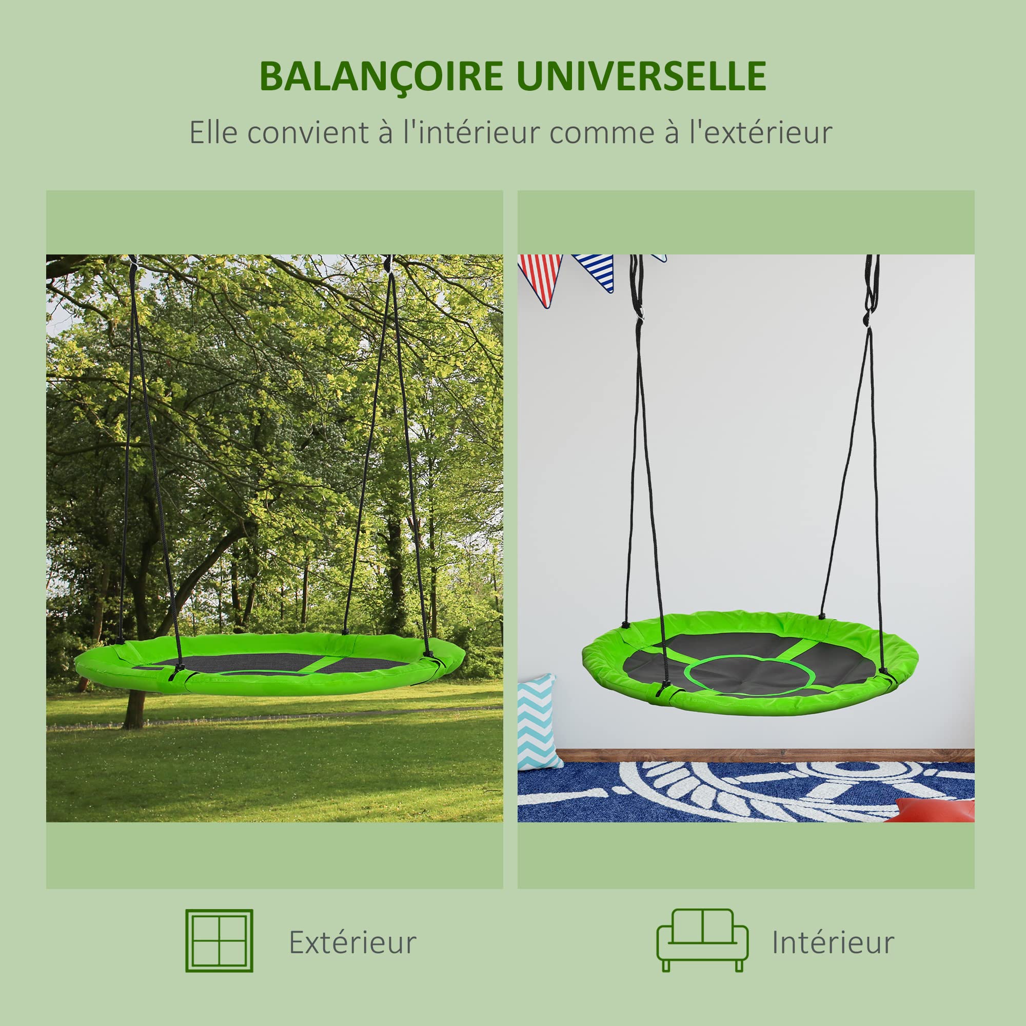 Outsunny Balançoire nid d'oiseau Ronde balançoire Panier Ø 110 cm 4 Anneaux Inclus métal époxy Oxford Haute densité Vert