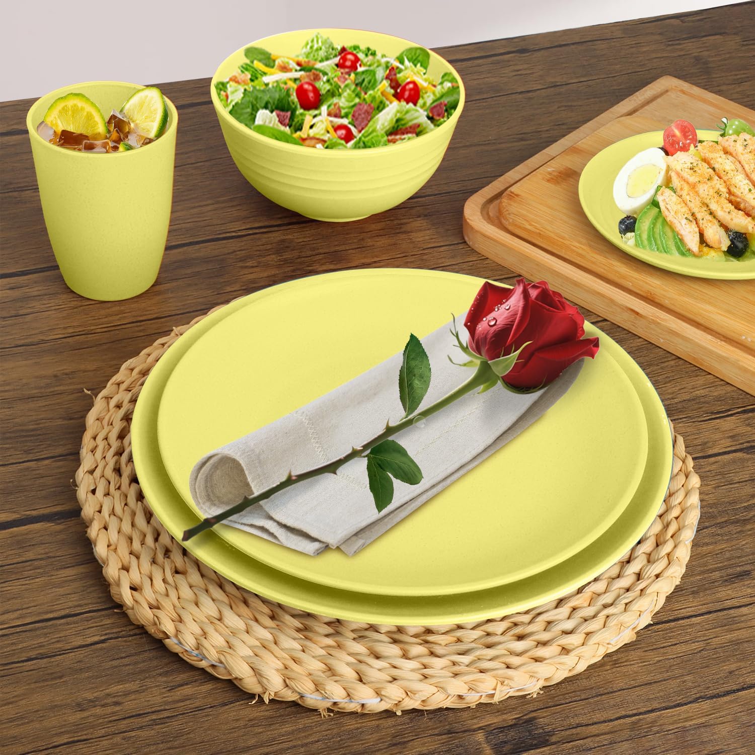 SINOGE 40 PCS Wheat Straw Plates and Bowls Sets Unbreakable Dinnerware Sets for 8 Reusable Kitchen Dinner Dish Set Dishwasher and Microwave Safe - RV, Camping, Picnic, Outdoor Dishes - Classic Yellow