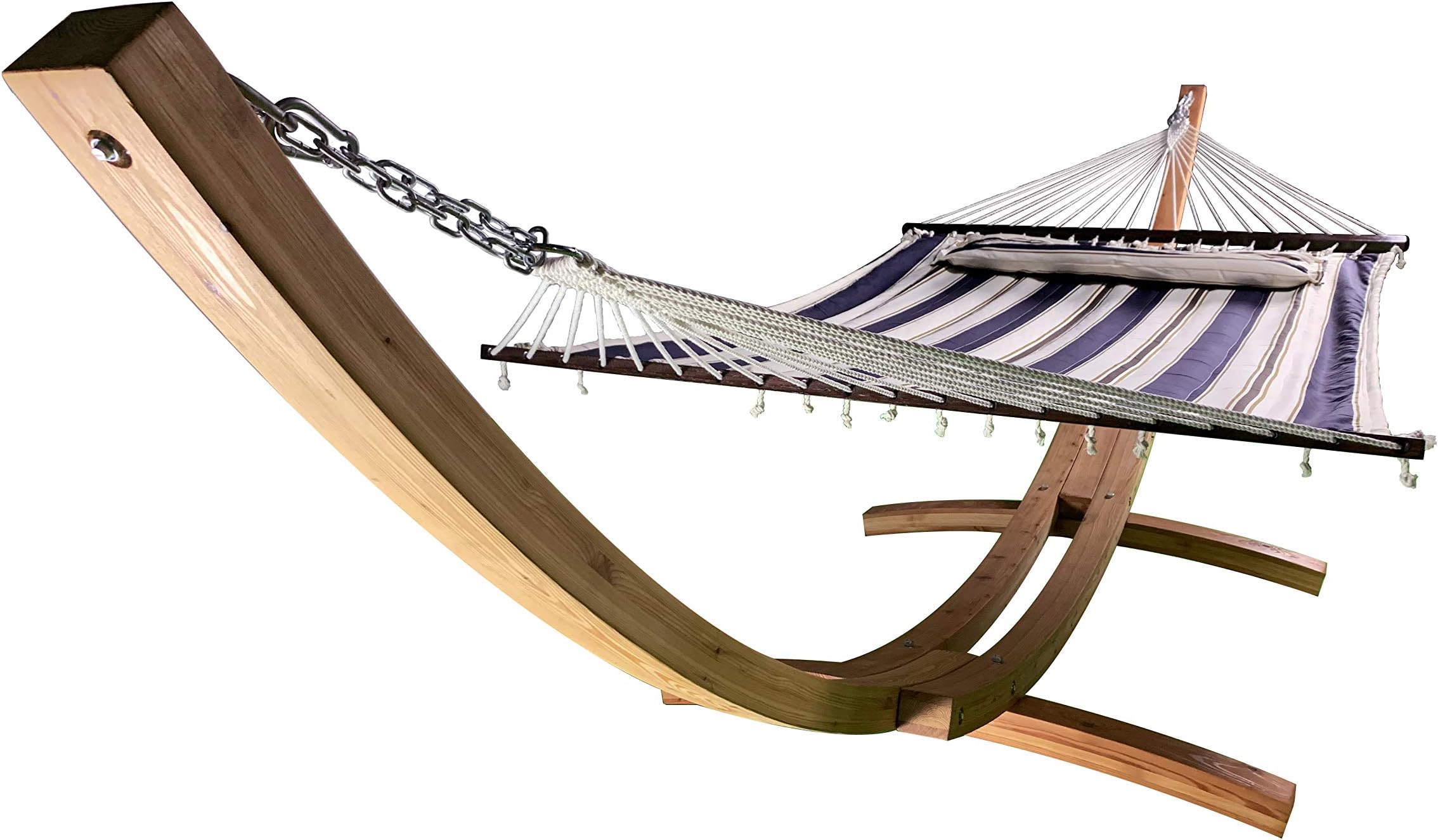 14 Ft. Wooden Arc Hammock Stand + Deluxe Quilted Double Padded Hammock Bed w/Pillow. 2 Person Bed. 450 LB Capacity(Natural Stain/Elegant Blue Stripe)