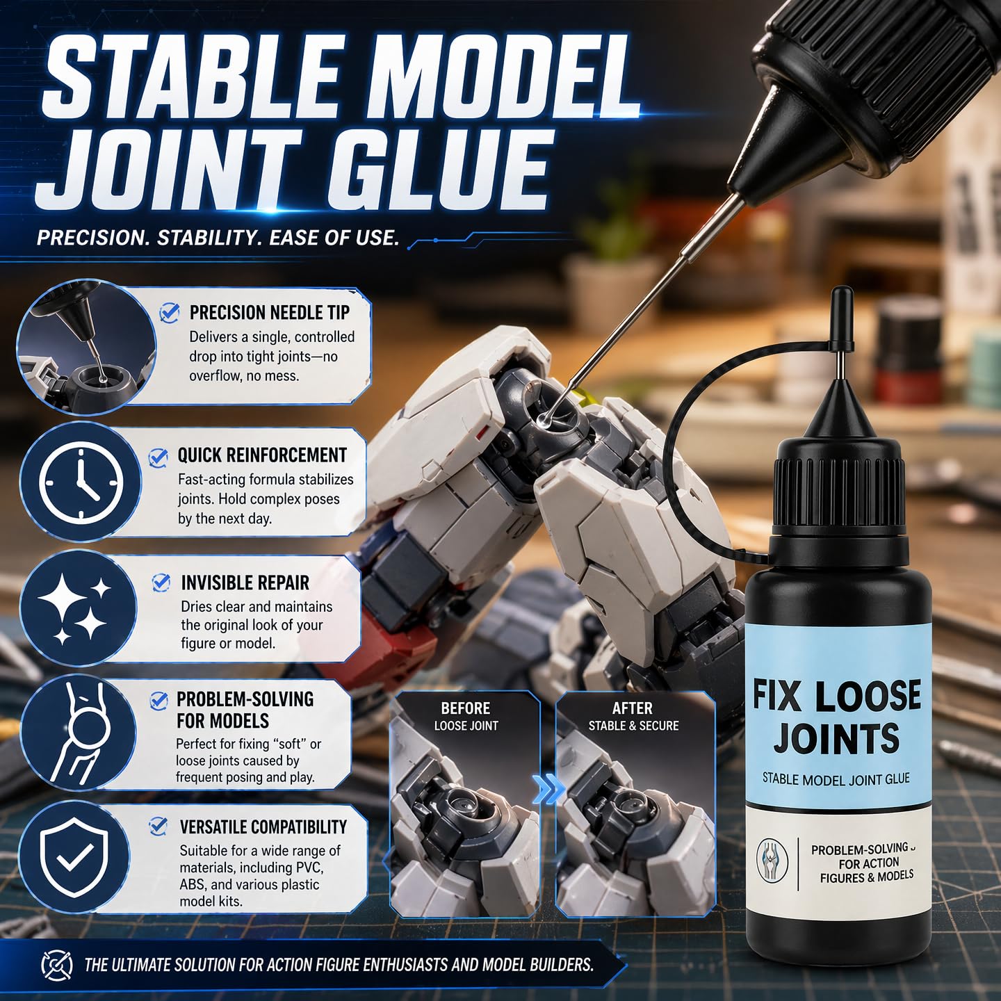 22ml Fix Loose Joints Solution for Action Figures & Models, Precision Needle Head for Easy Application, Fast-Acting Long-Lasting Hold, Safe for Plastic Resin Vinyl Materials