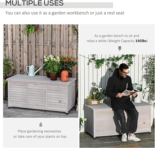 Miniatura 4 de Outsunny Caja de madera de 75 galones, contenedor de almacenamiento para exteriores con espacio de aireación y acabado anticlima, gris