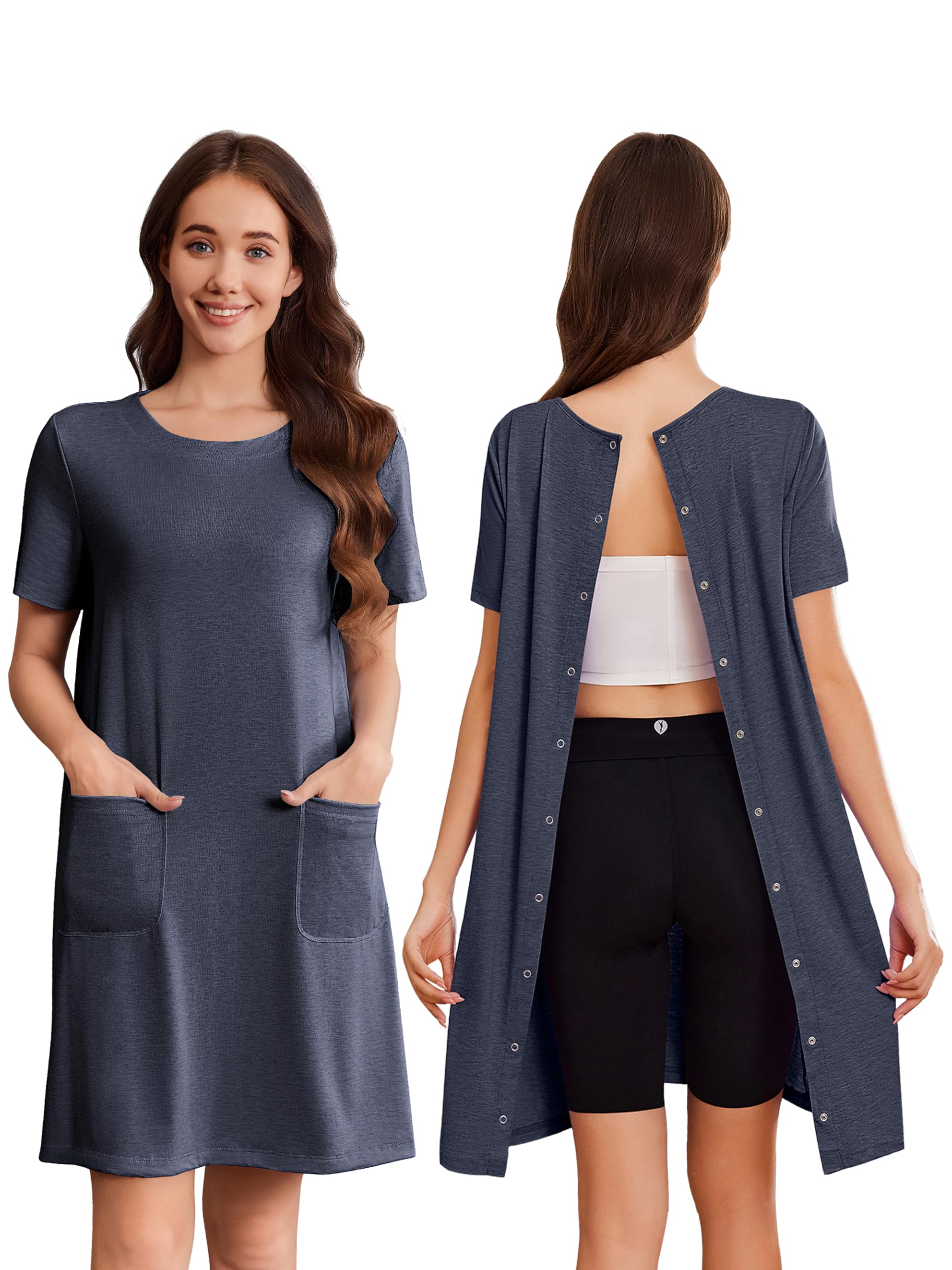 Deyeek Hospital Gowns for Women Open Back Tear Away Snap Nursing Dress