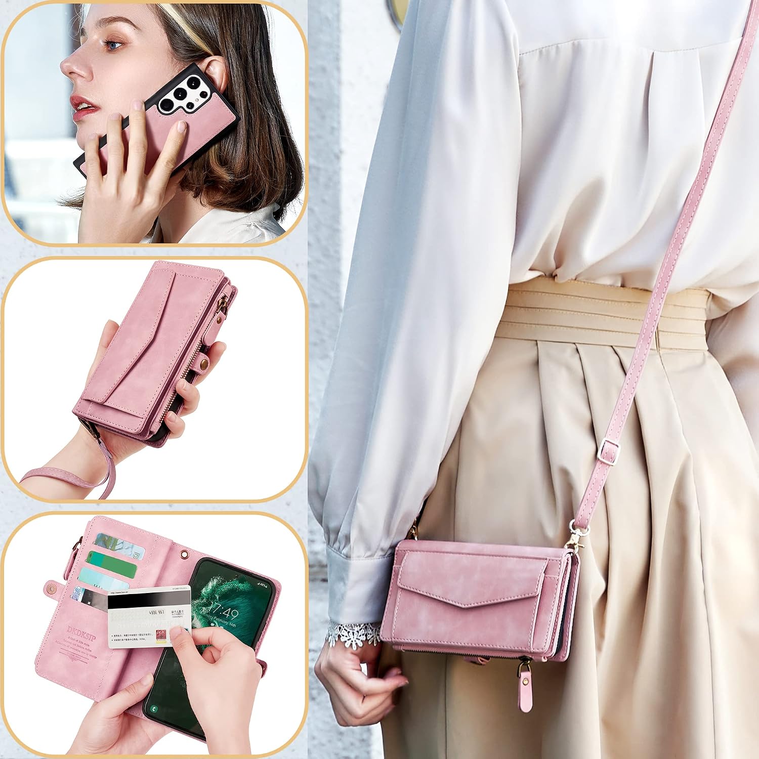 Compatible with Samsung Galaxy S26 Ultra Wallet Case for Women Men, Wireless Charging with RFID Blocking Card Holder, PU Leather Crossbody Strap Detachable Magnetic Phone Cover,Dream Pink