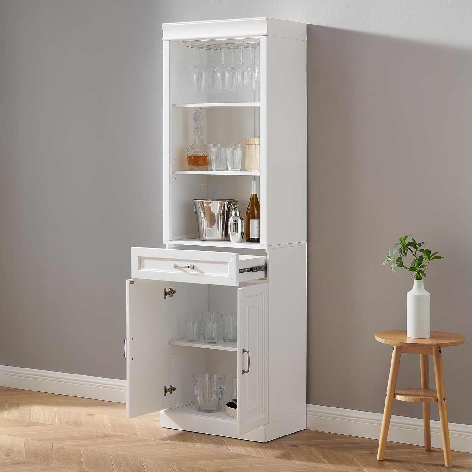 Crosley Furniture Stanton Wine, Liquor, Coffee Bar Cabinet with Storage Shelves and Drawers, White