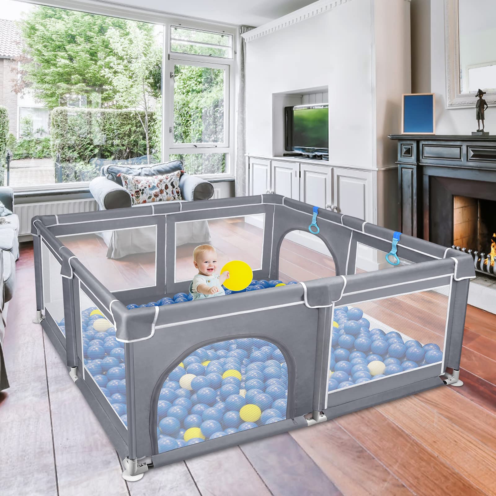 LZQ Recinto Gioco Grigio per Bambini, Ventose Fisse, 150x180x68 cm | Rete traspirante trasparente, struttura robusta, antiscivolo, sicura protezione bimbi, montaggio semplice e veloce