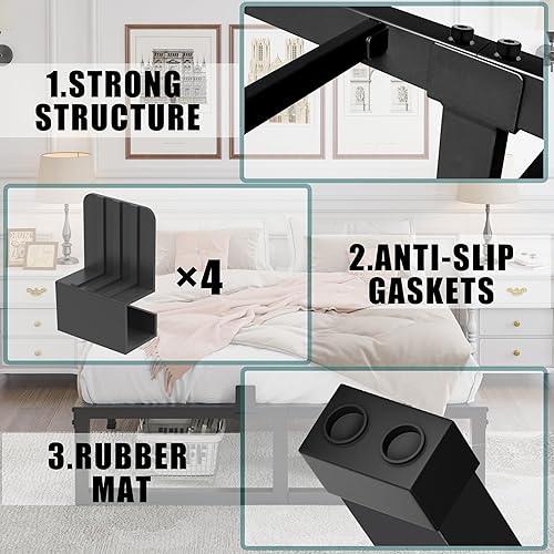 Miniatura 11 de Marco de cama de tamaño matrimonial, soporte resistente de 14 pulgadas, plataforma de metal de 3500 libras, no necesita somier, sin ruido,