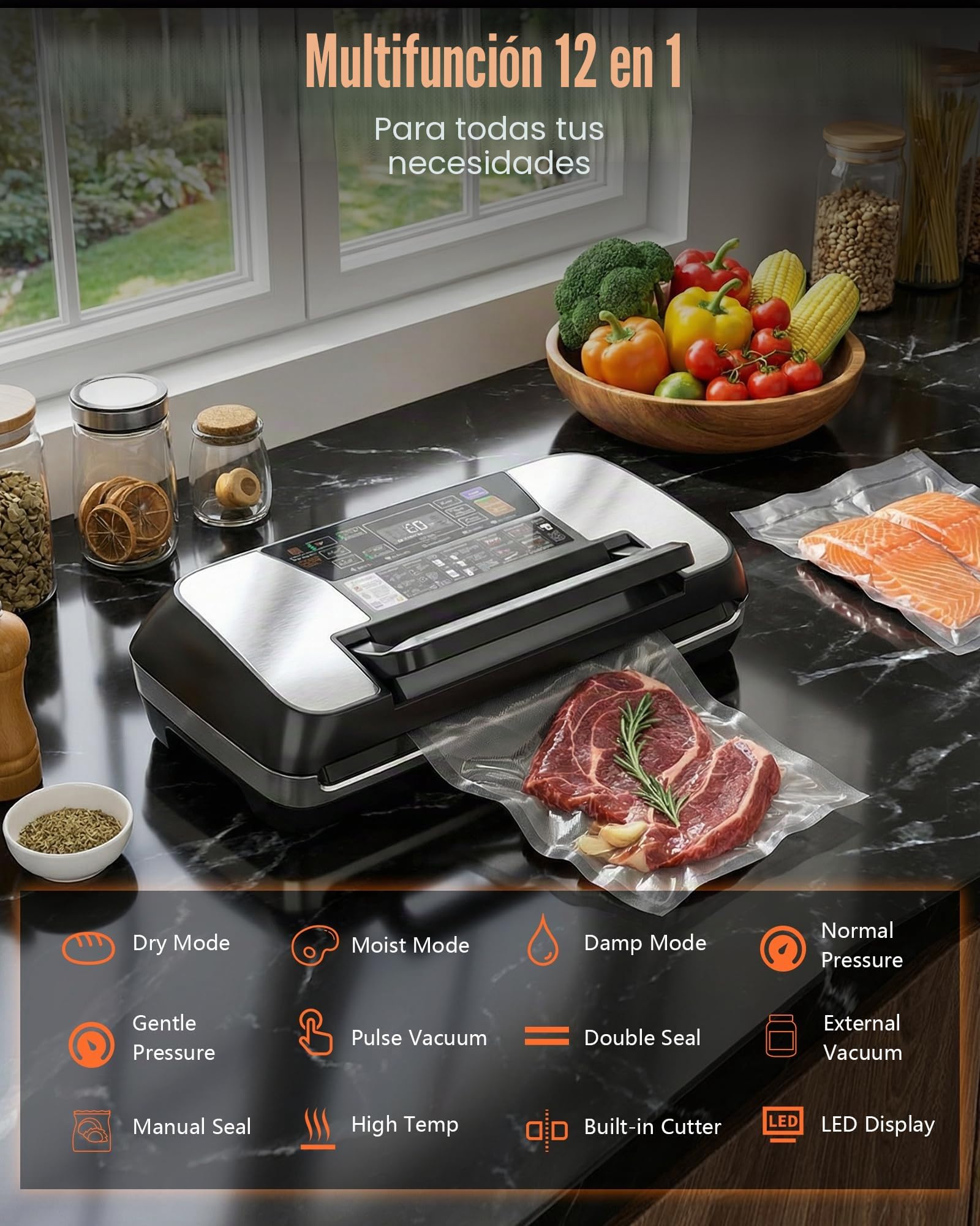 Envasadora al Vacío Doméstica y Profesional para Alimentos – 95 kPa, Aparato 12 en 1 con Doble Soldadura, Easy-Lock, Cortador de Film Integrado, Bandeja Desmontable para Conservación de Larga Duración