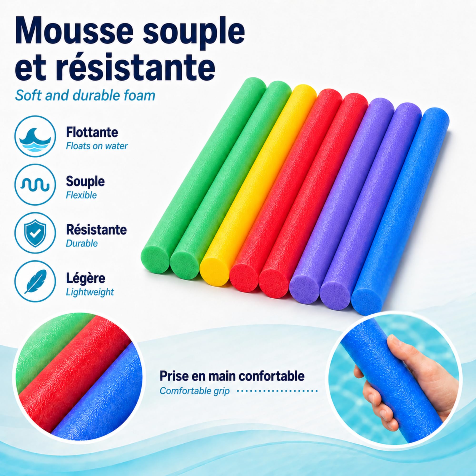 Lot 10 Frites de Piscine Mousse Flottantes 160 cm x 6,5 cm - Multicolores Souples et Resistantes - Accessoires Jeux Eau Piscine Mer Plage Aquagym Natation Enfants Adultes - Fun Noodle - Nouille