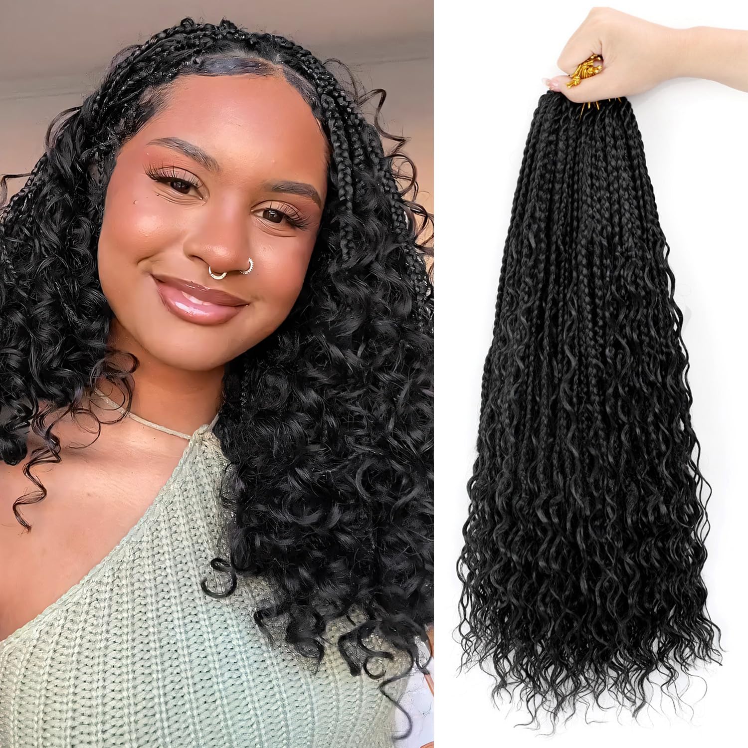 Boho Crochet Braids Human Hair Mixed 12 Inch Goddess Box Braids Crochet Hair with Curls Ends 9 packs Bohemian Braids (12Inch,1B)