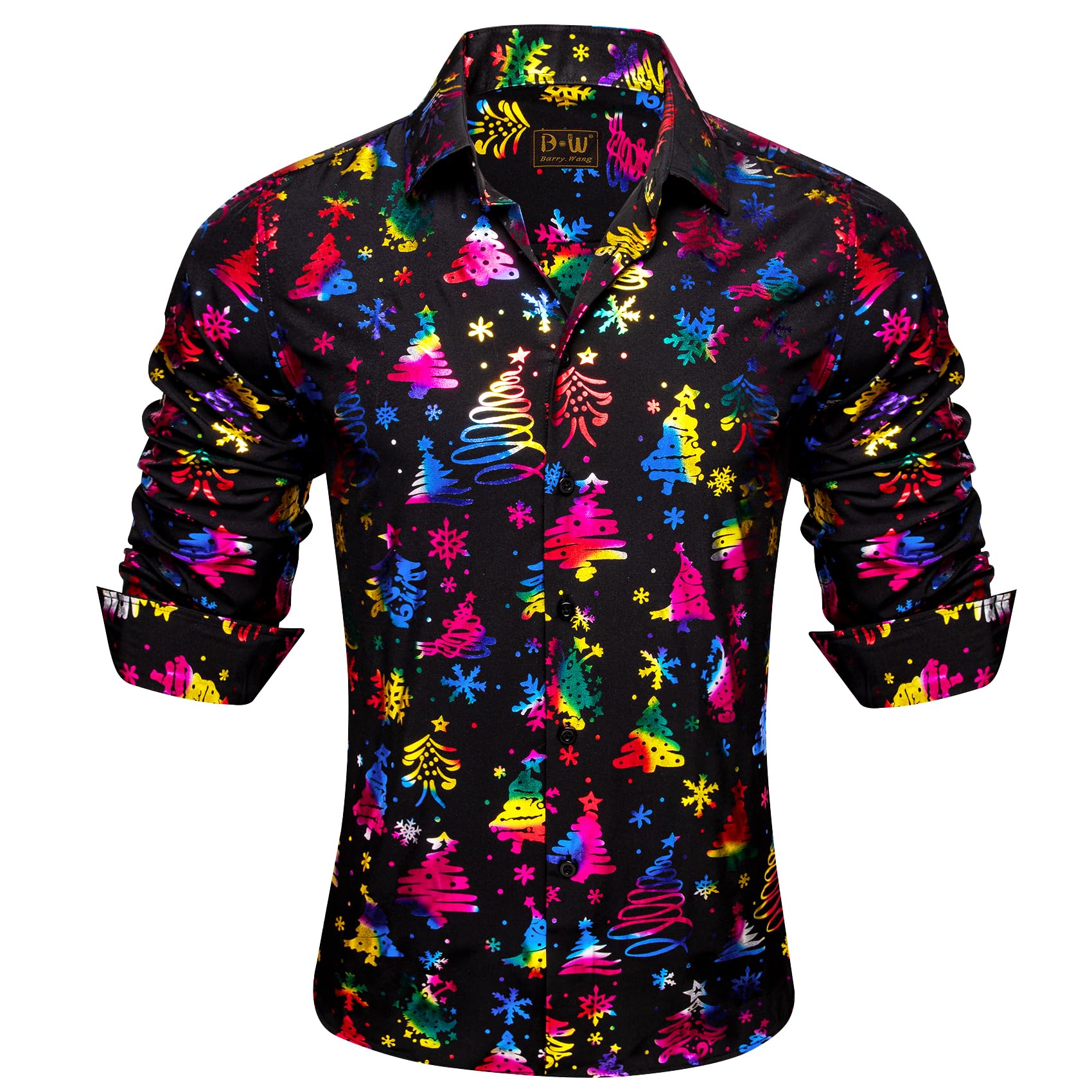 Barry Wang Mens Christmas Shirts Xmas Shiny Holiday Long Sleeve Button Down Dress Shirts Funny Snowflake Tree Party