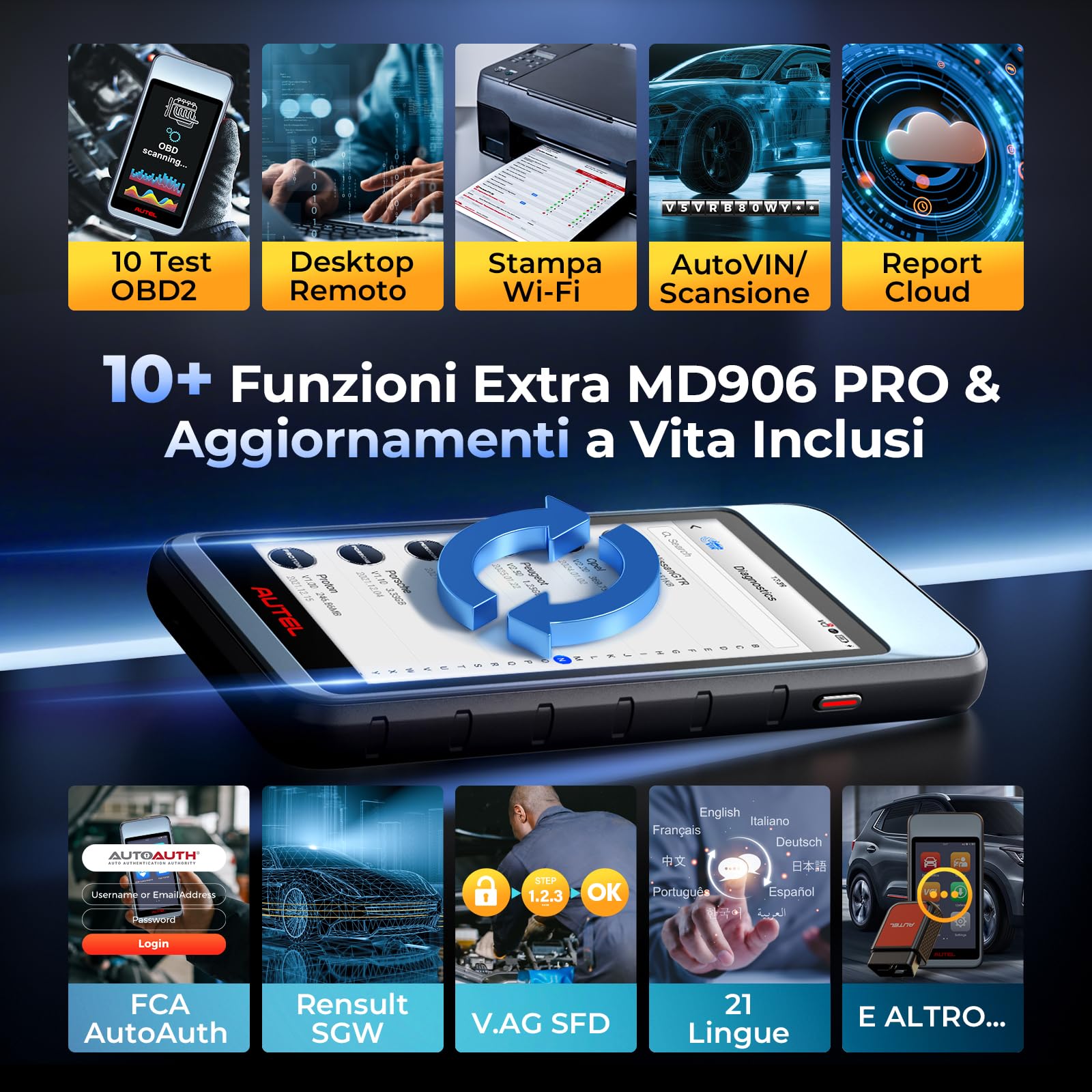 Autel MaxiDiag MD906PRO Strumento Diagnosi Auto: 2026 Bluetooth Ver. di MaxiCOM MK808S MX808S, Successore di MD808PRO MD806 OBD2 Diagnosi Auto Tutte, CAN FD FCA, 11 Servizi, Nessun Costo Abbonamento